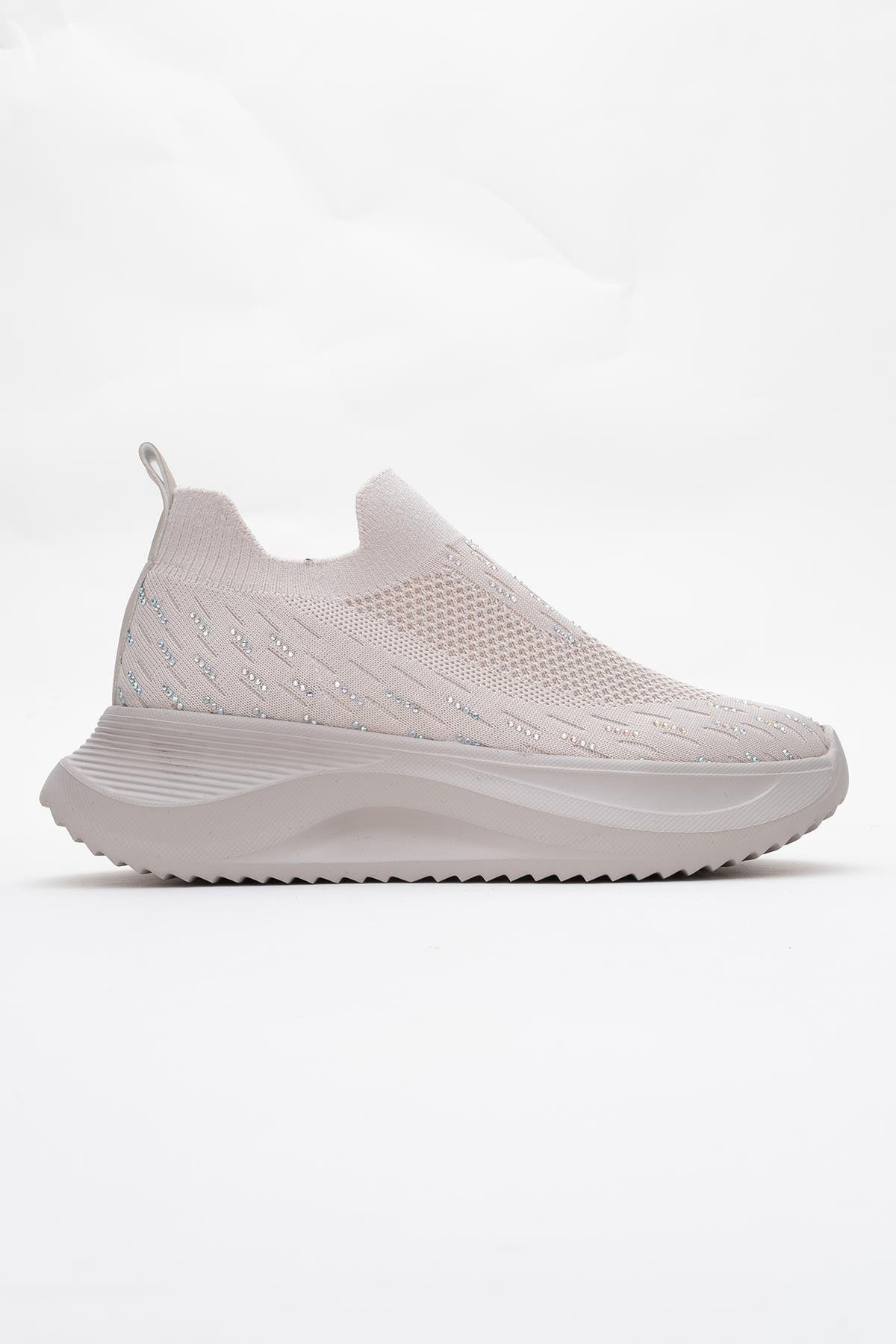 Kadın Triko Taşlı Spor Ayakkabı BEJ - Görsel 3