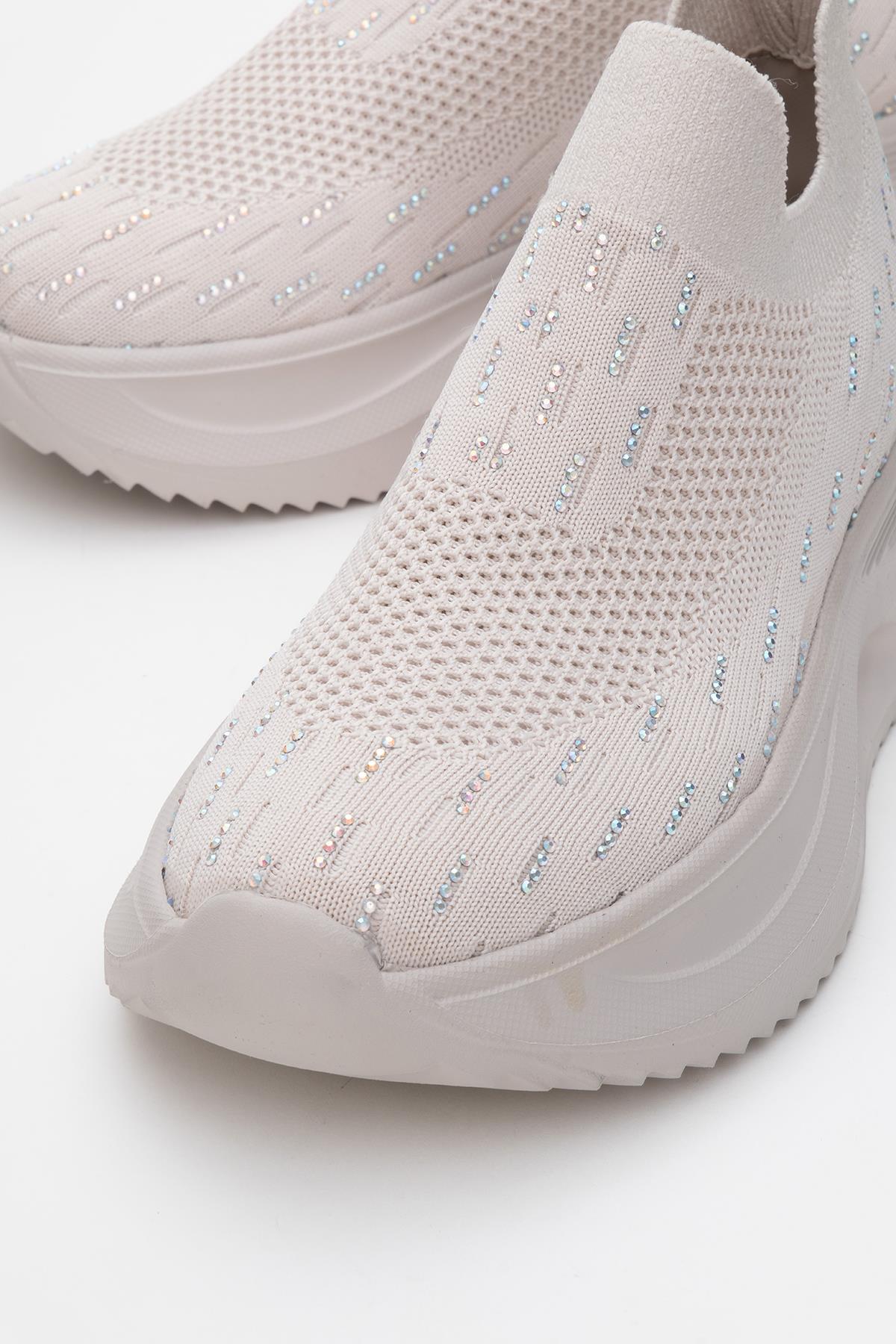 Kadın Triko Taşlı Spor Ayakkabı BEJ - Görsel 4