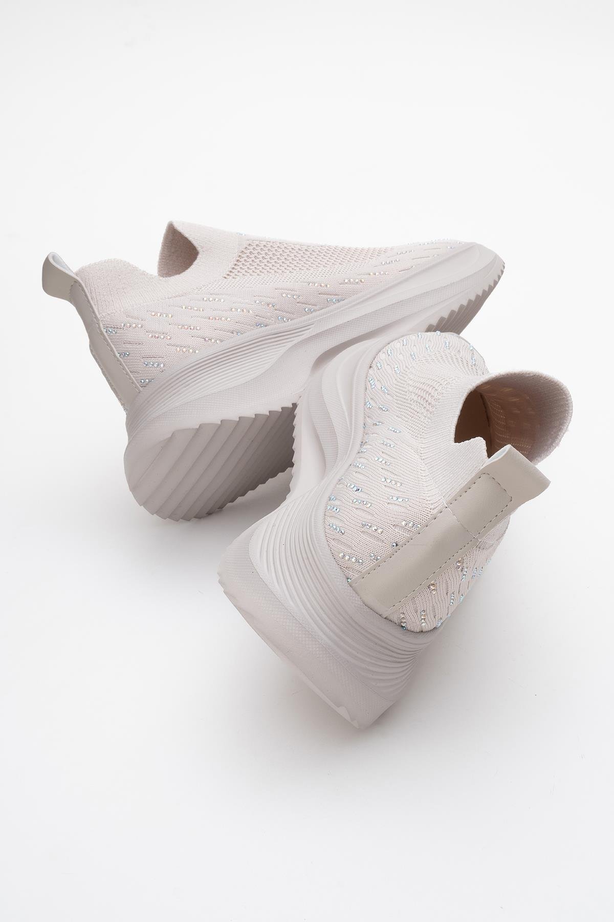 Kadın Triko Taşlı Spor Ayakkabı BEJ - Görsel 5