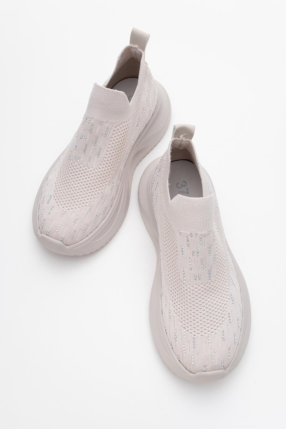 Kadın Triko Taşlı Spor Ayakkabı BEJ - Görsel 6