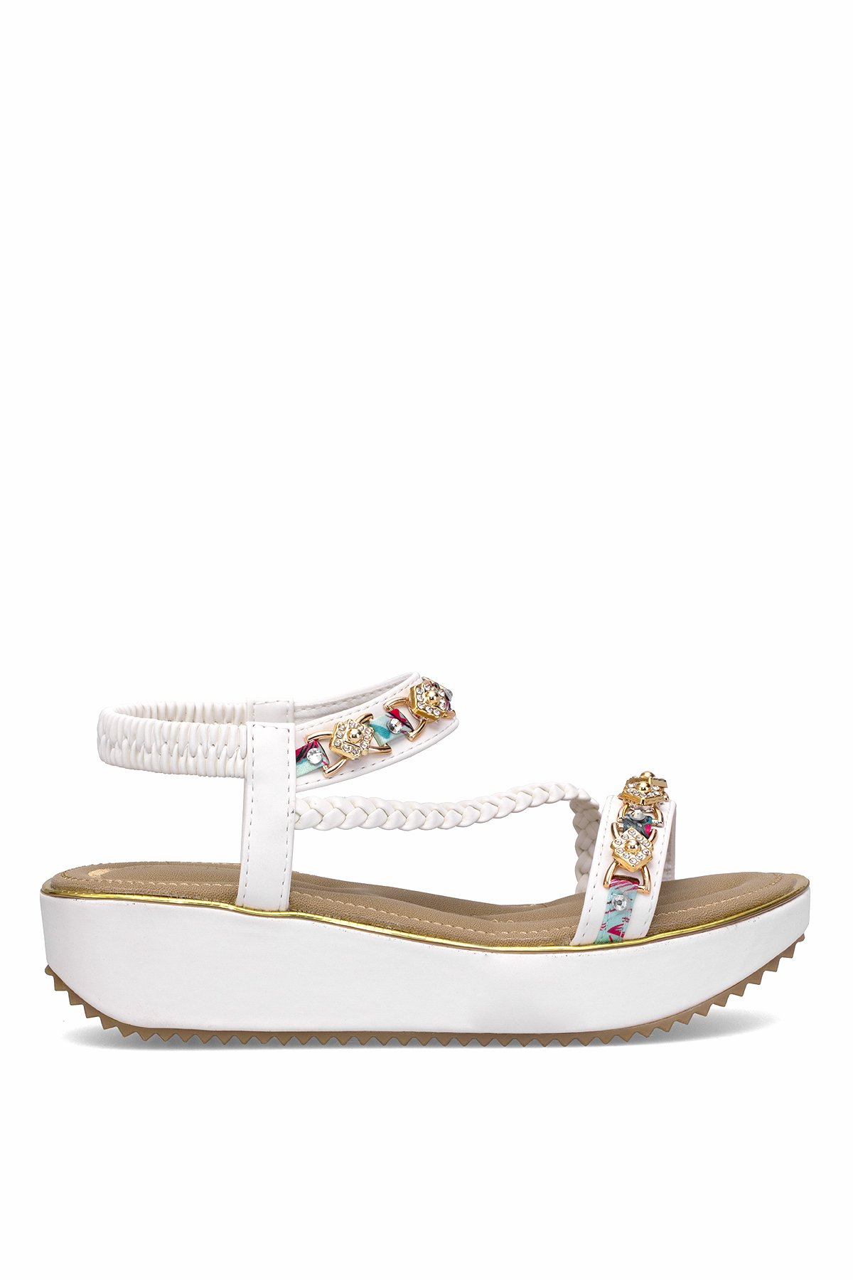 25Y121-4 Kadın Taşlı Düz Sandalet Beyaz - Görsel 2