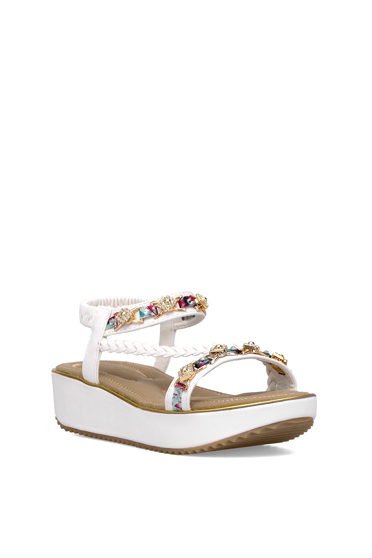 25Y121-4 Kadın Taşlı Düz Sandalet Beyaz - Görsel 3