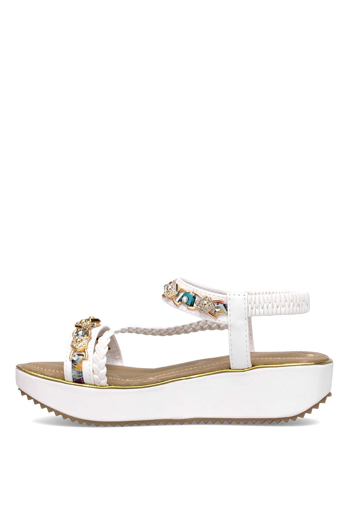 25Y121-4 Kadın Taşlı Düz Sandalet Beyaz - Görsel 4