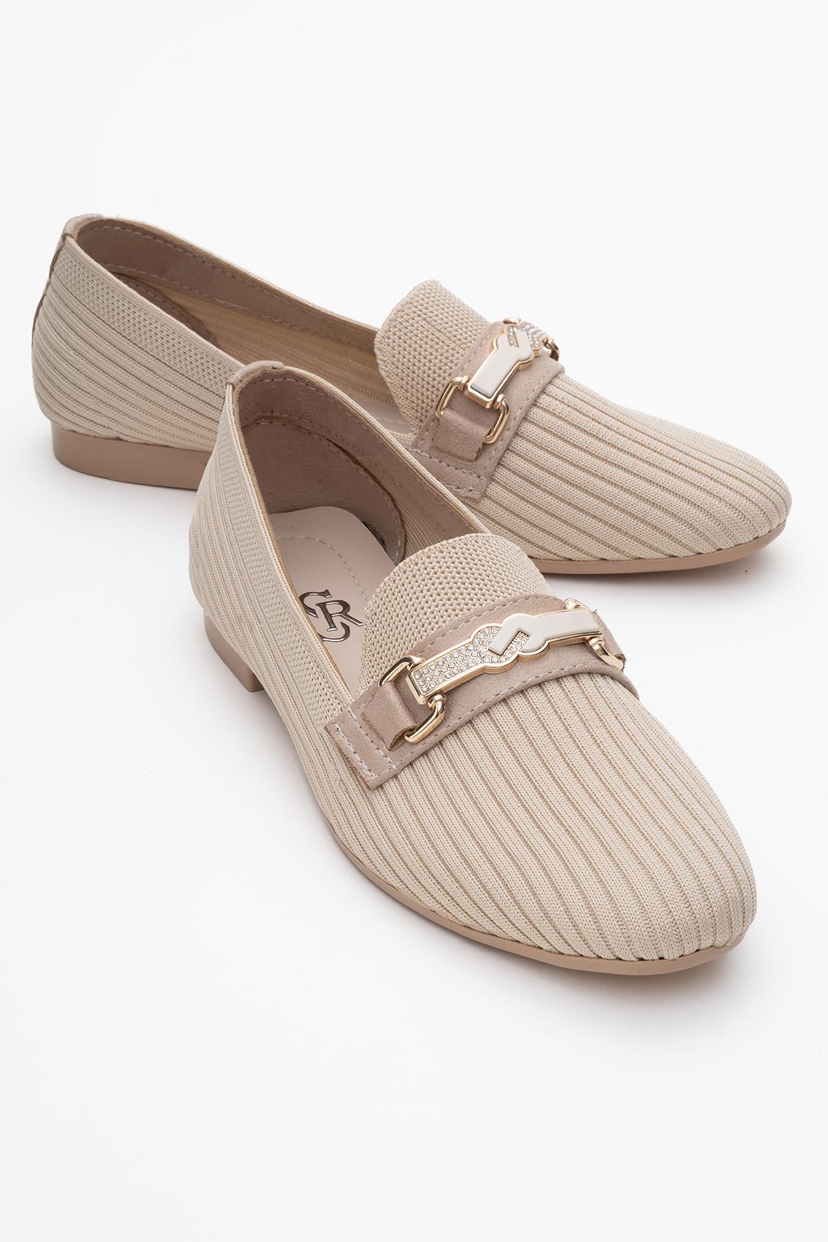 Kadın Tokalı Triko Günlük Ayakkabı BEJ - Görsel 2