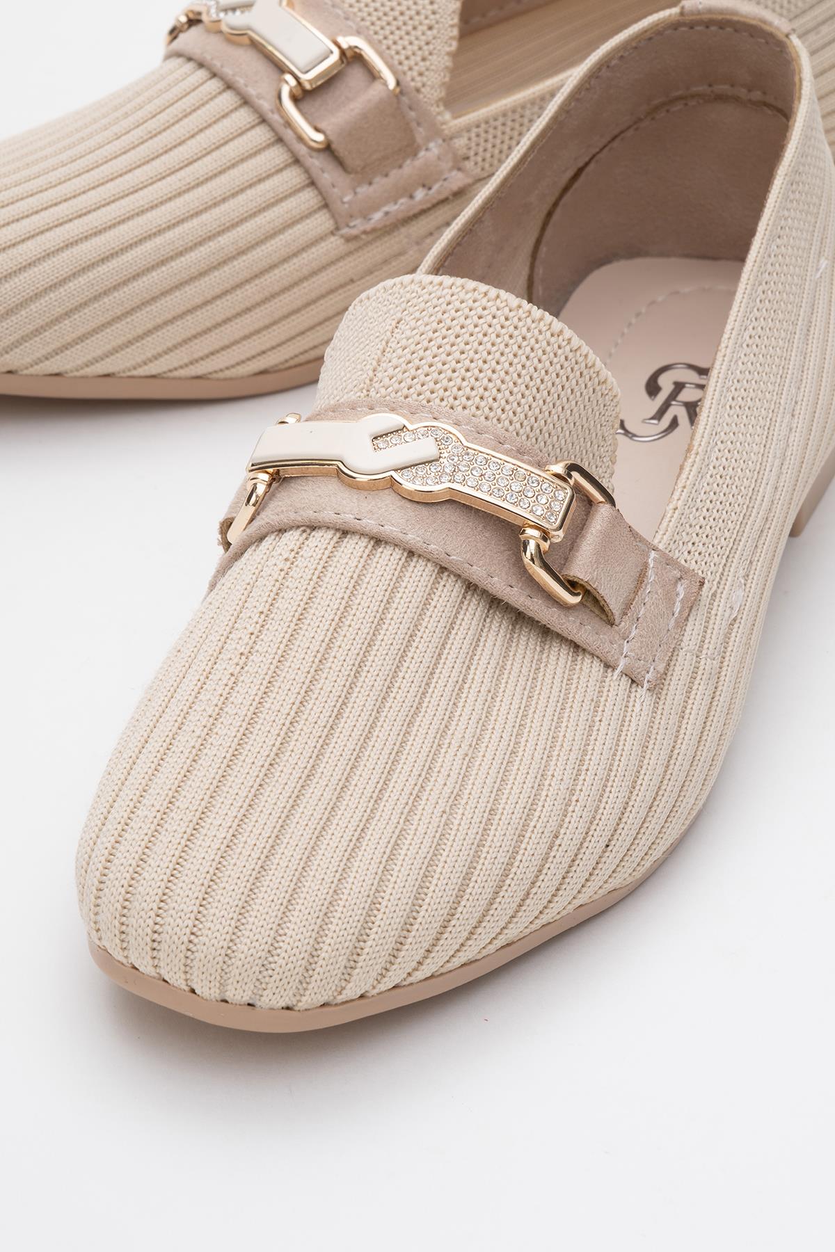 Kadın Tokalı Triko Günlük Ayakkabı BEJ - Görsel 4