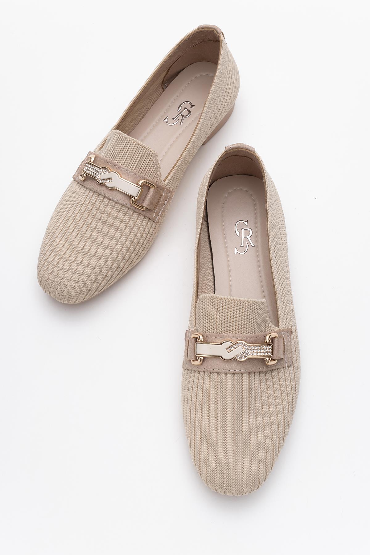 Kadın Tokalı Triko Günlük Ayakkabı BEJ - Görsel 6