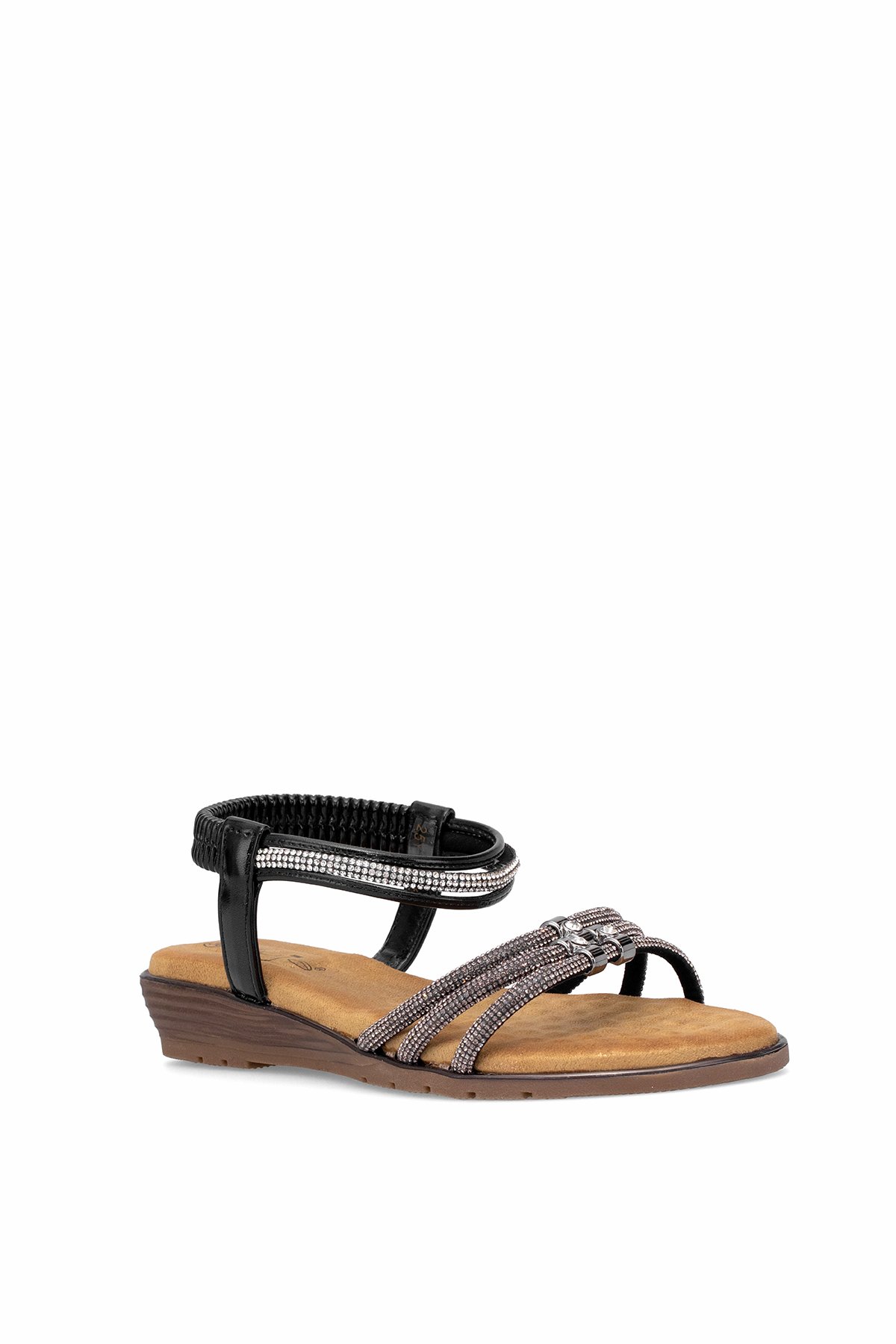 25Y174 Kadın Taşlı Düz Sandalet Siyah - Görsel 3