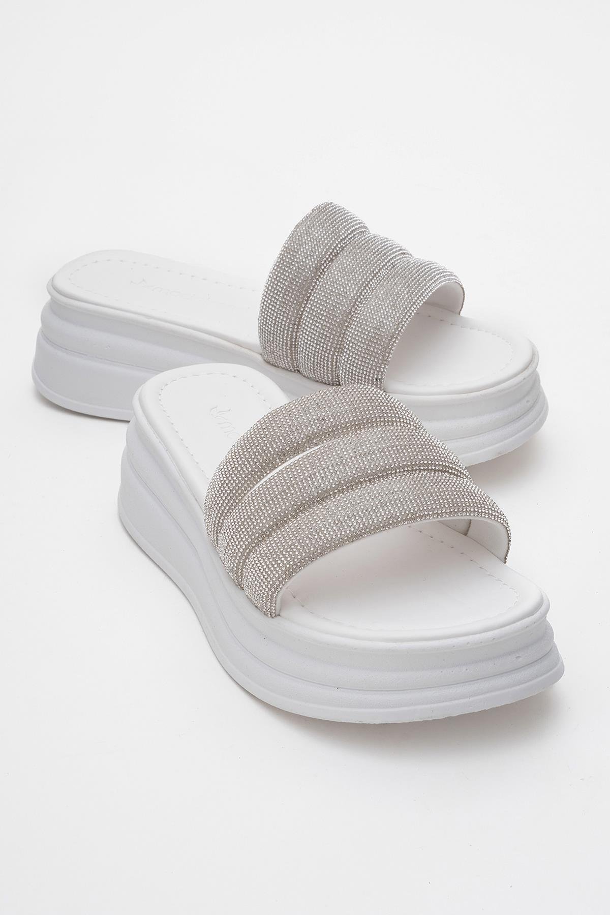 Kadın Kalın Taşlı Biyeli Terlik BEYAZ - Görsel 2