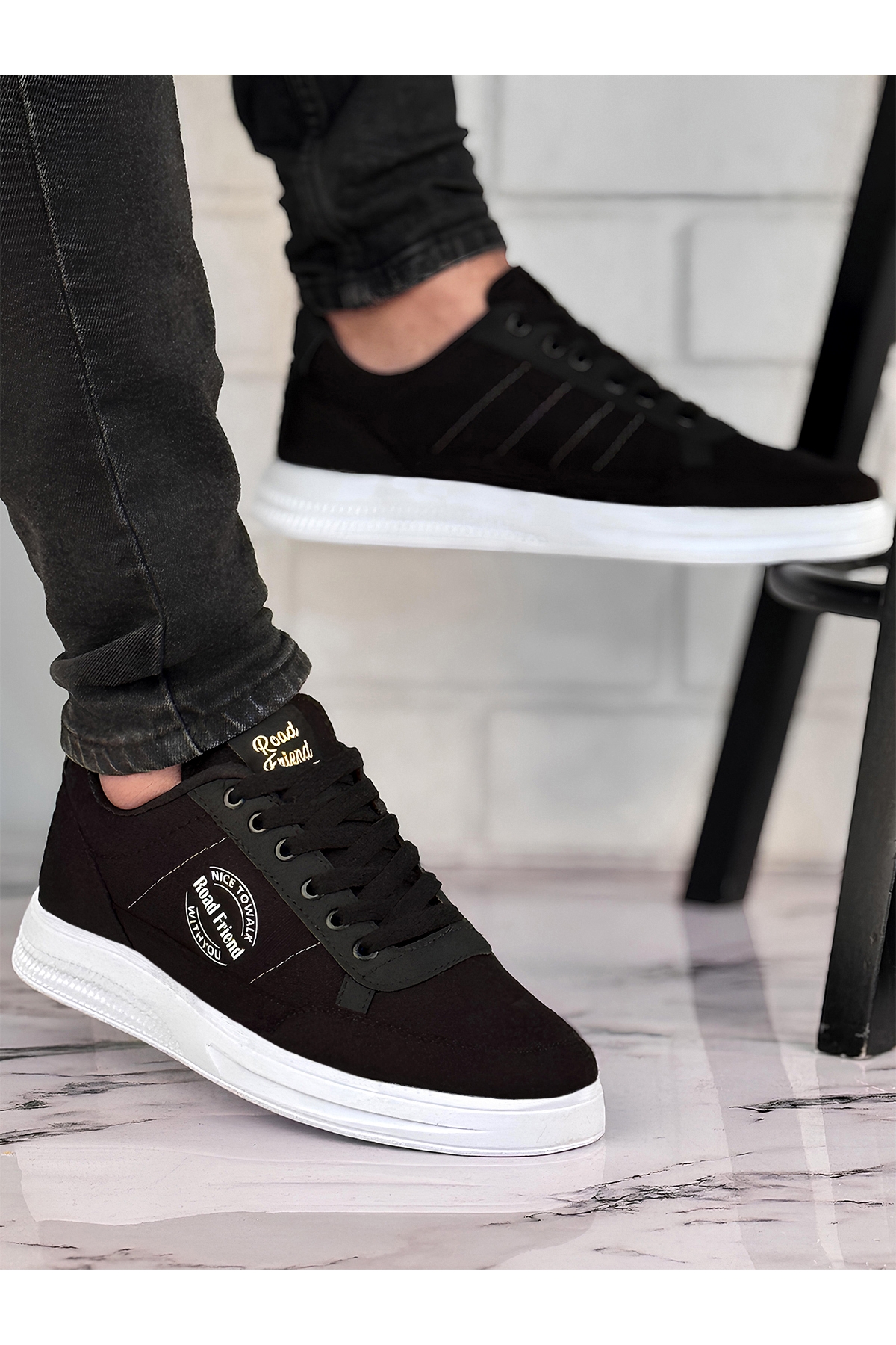 Erkek Yazlık Günlük Keten Sneaker Ayakkabı Siyah Beyaz - Görsel 2