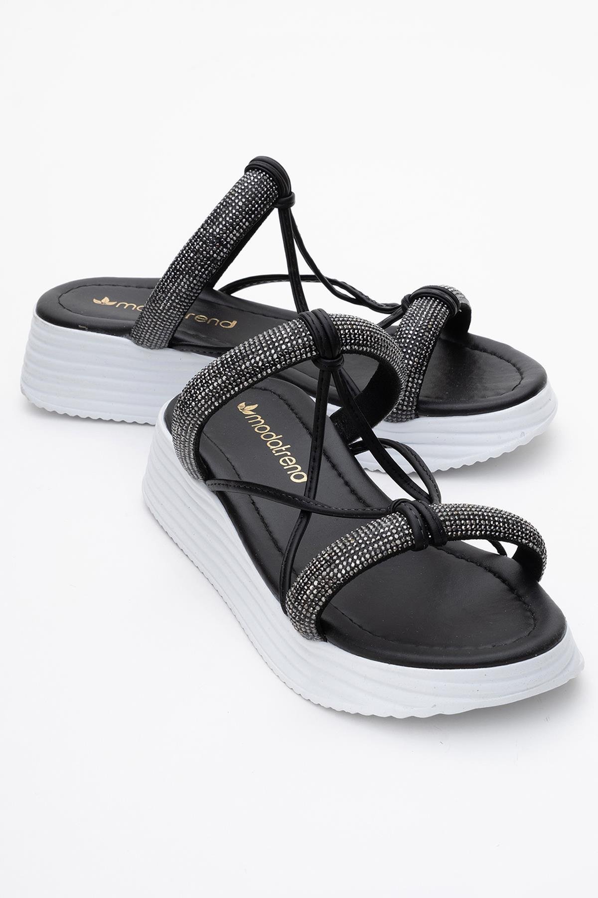 Kadın Taşlı Düz Terlik SİYAH BEYAZ - Görsel 2