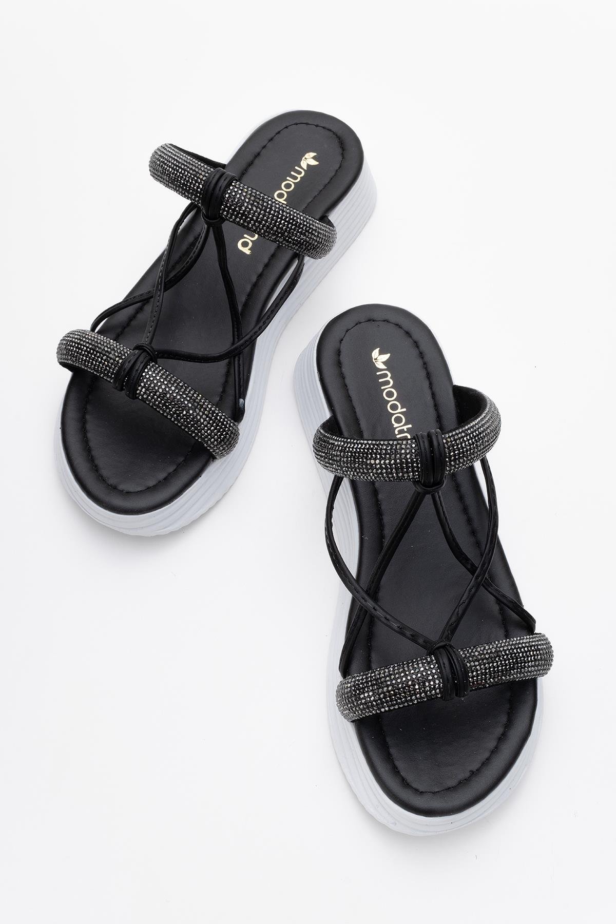 Kadın Taşlı Düz Terlik SİYAH BEYAZ - Görsel 6