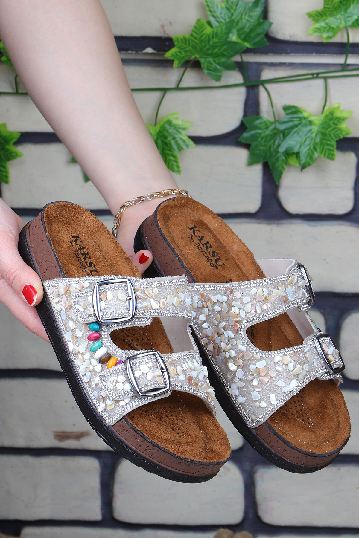 Guca Ortopedik Doğal Taşlı Çift Tokalı Kadın Terlik - Görsel 3