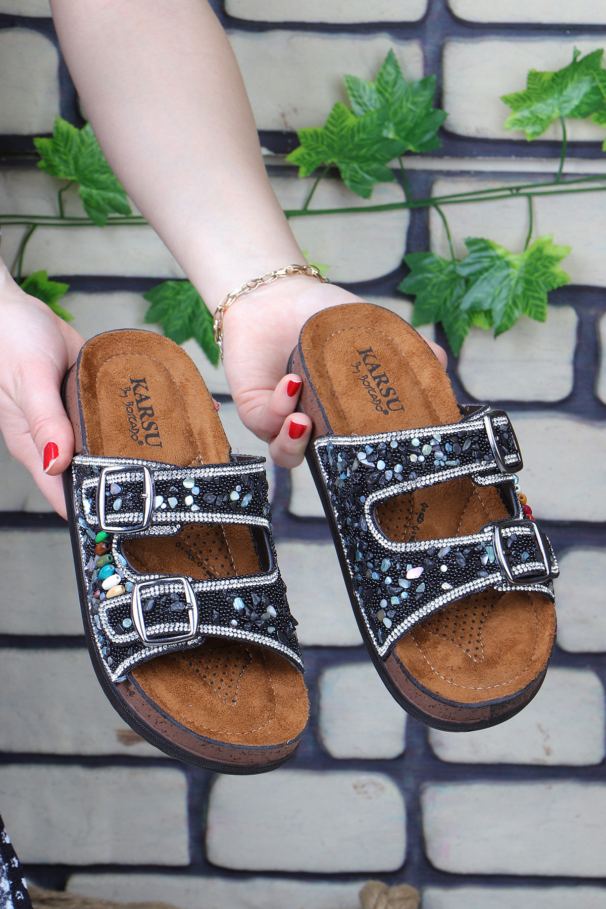 Guca Ortopedik Doğal Taşlı Çift Tokalı Kadın Terlik - Görsel 3