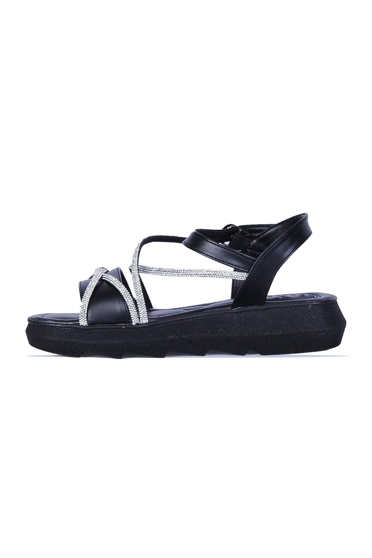 By5 Ayışığı Siyah Taşlı Kadın Düz Sandalet - Görsel 3