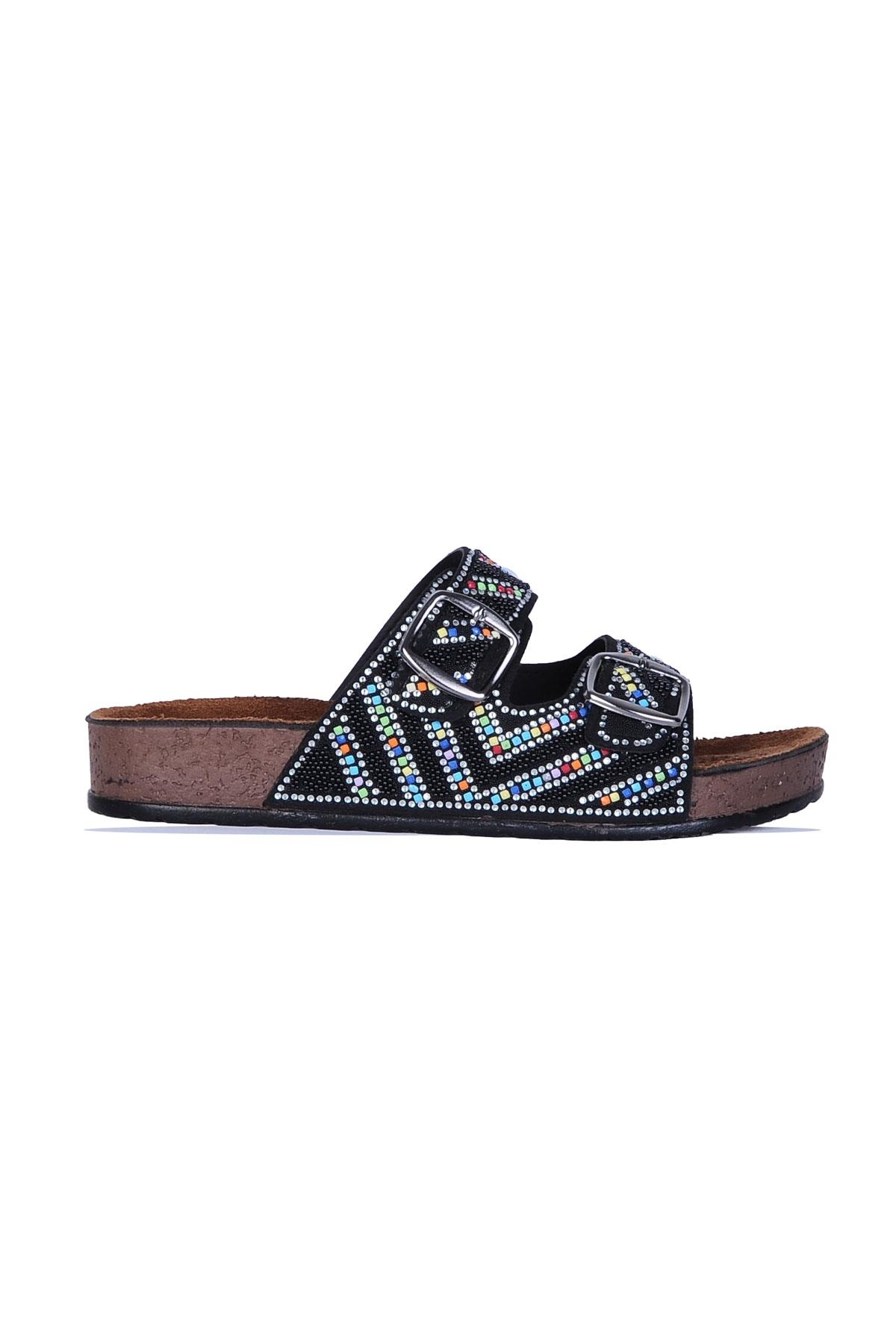 B-4312 Daye Siyah Taşlı Kadın Düz Terlik - Görsel 2