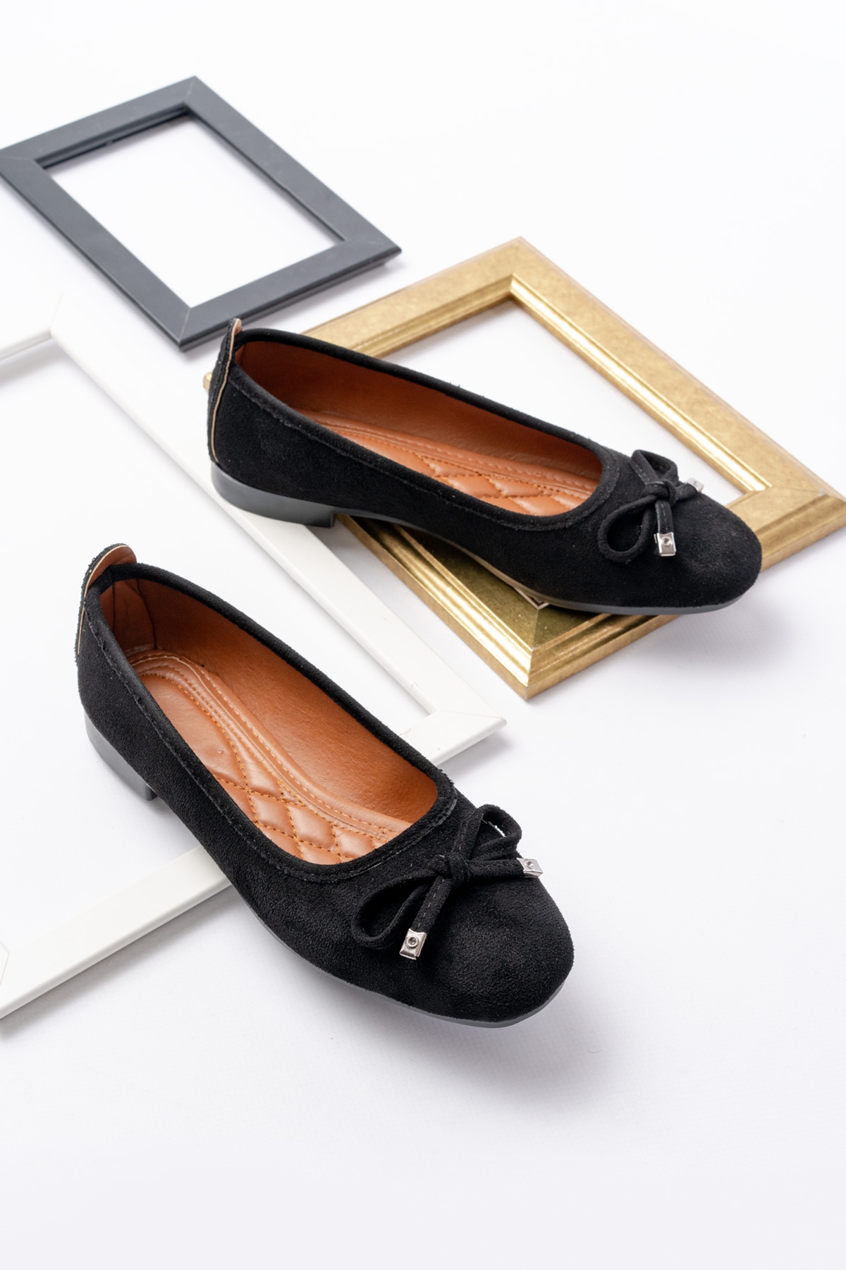 Potin Siyah Süet Fiyonklu ( 2 cm) Oval Burunlu Günlük Kullanım Babet - Görsel 4