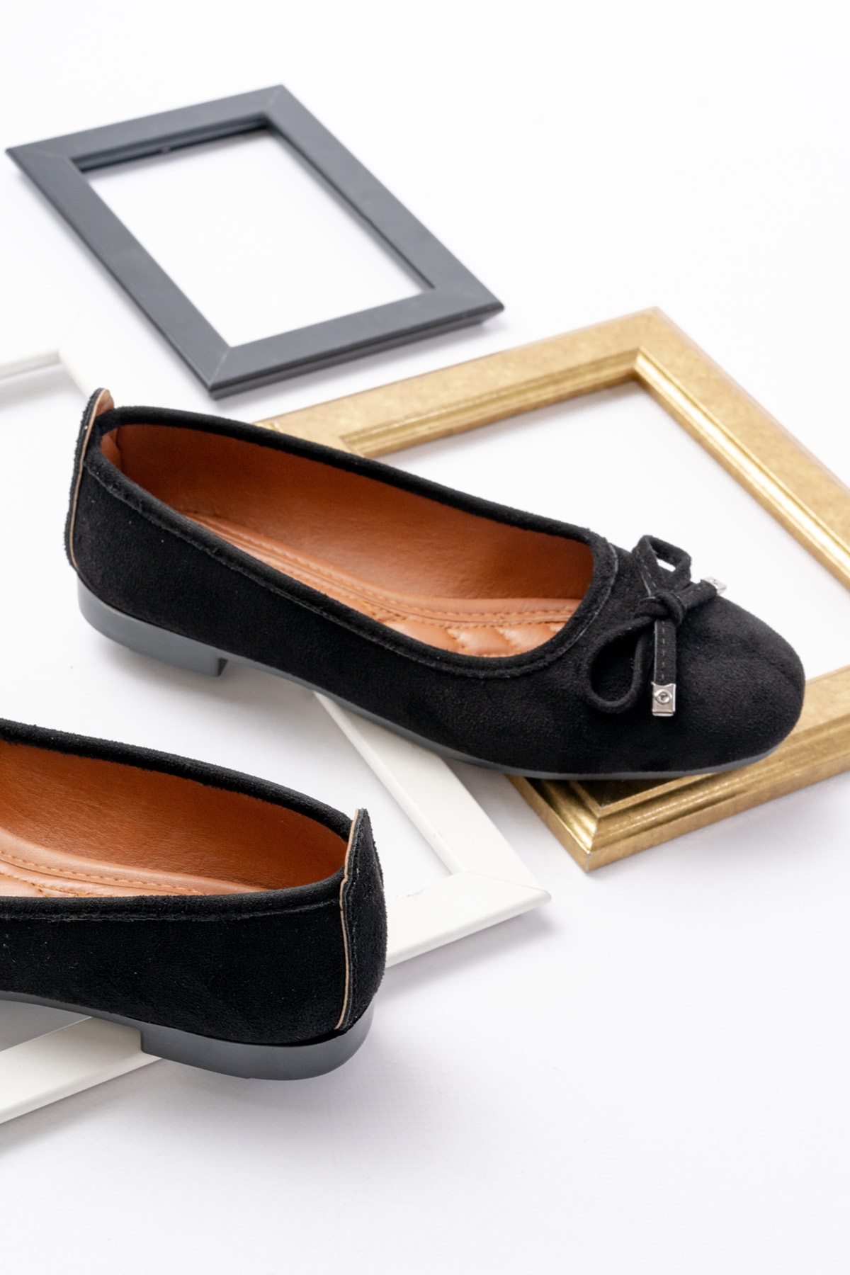 Potin Siyah Süet Fiyonklu ( 2 cm) Oval Burunlu Günlük Kullanım Babet - Görsel 6