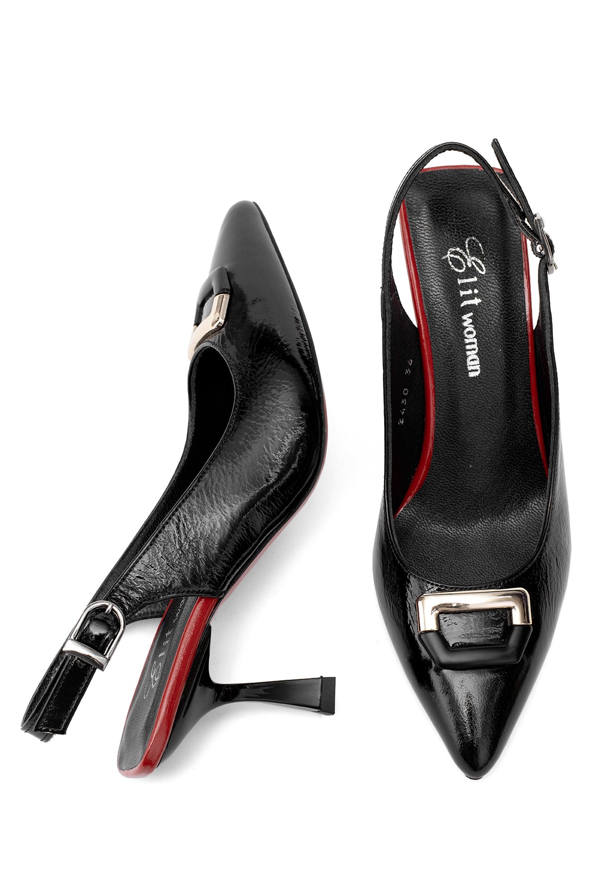 Elit Calissa Kadın Hakiki Rugan Deri Tokalı Klasik Topuklu Ayakkabı Siyah - Görsel 5