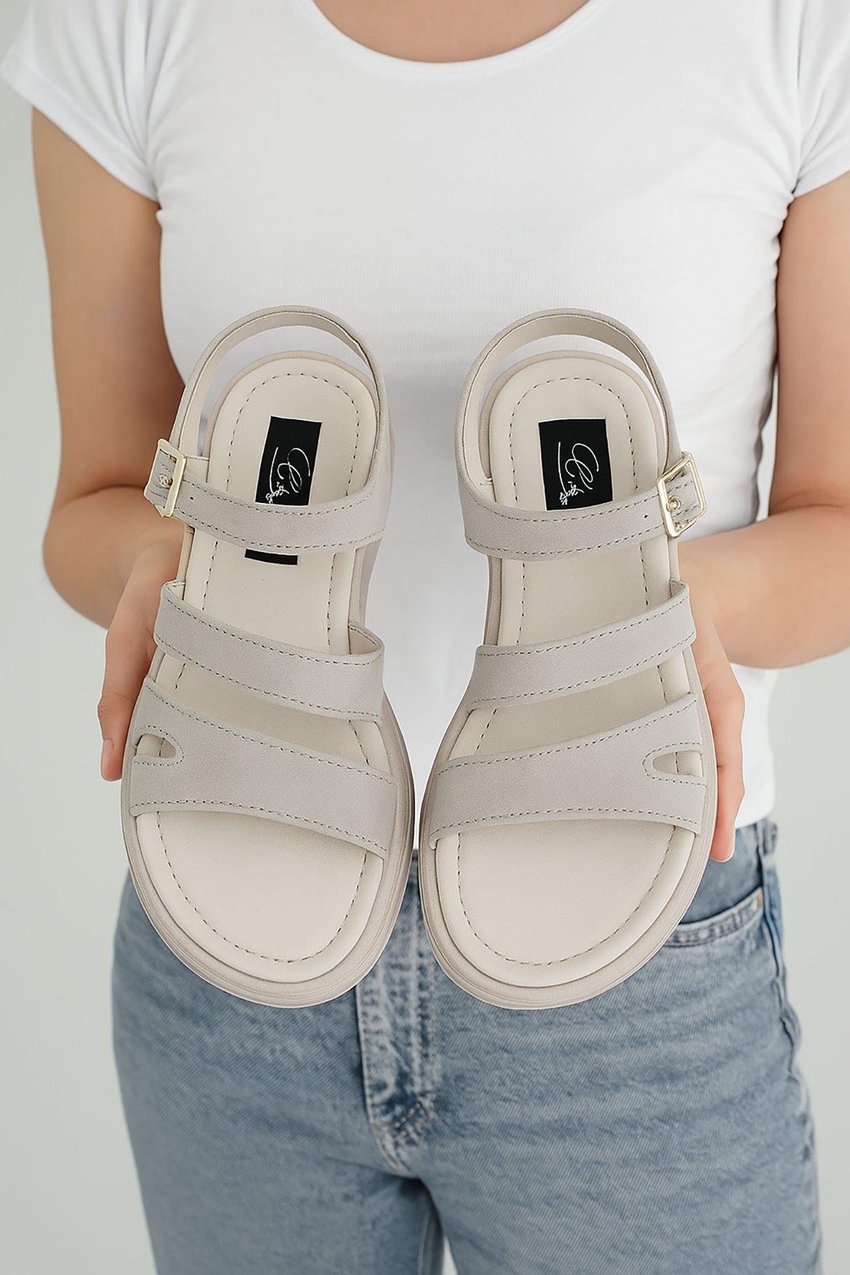 Elit Rhea Kadın Hakiki Deri Düz Sandalet Bej - Görsel 3