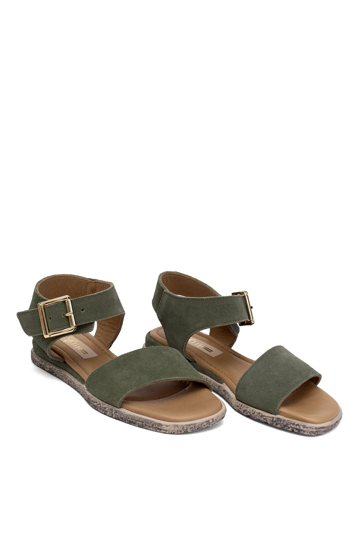 Elit Ziva Kadın Hakiki Deri Düz Sandalet Haki - Görsel 2