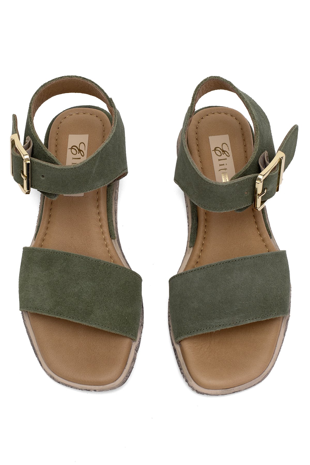 Elit Ziva Kadın Hakiki Deri Düz Sandalet Haki - Görsel 4