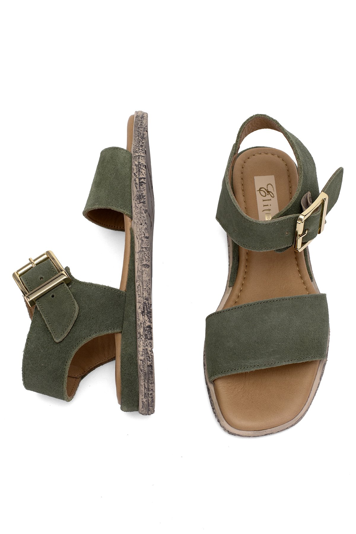 Elit Ziva Kadın Hakiki Deri Düz Sandalet Haki - Görsel 5