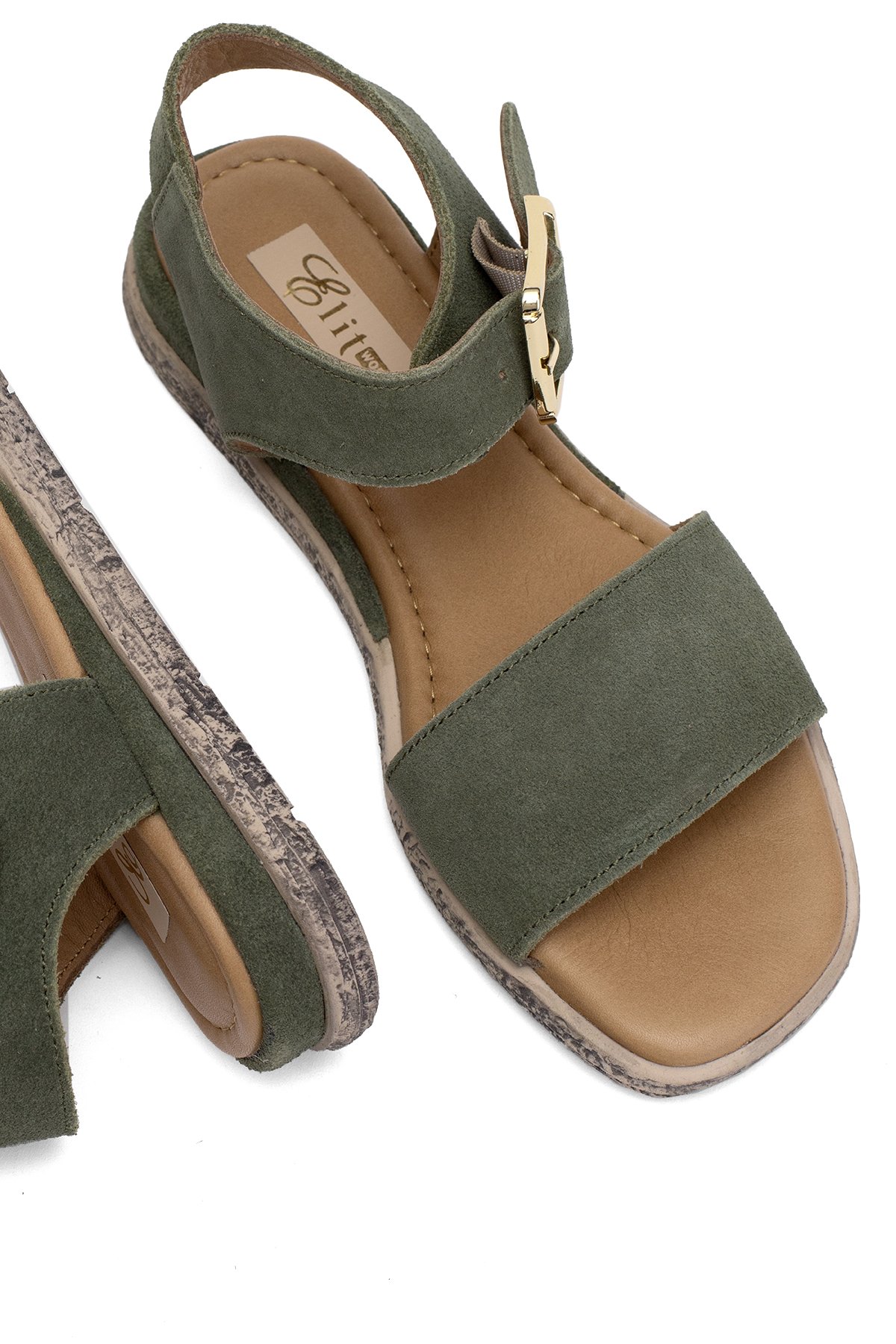 Elit Ziva Kadın Hakiki Deri Düz Sandalet Haki - Görsel 6