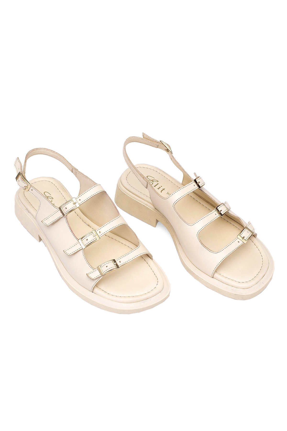 Elit Vivienne Kadın Hakiki Deri Ortopedik Düz Sandalet Bej - Görsel 3