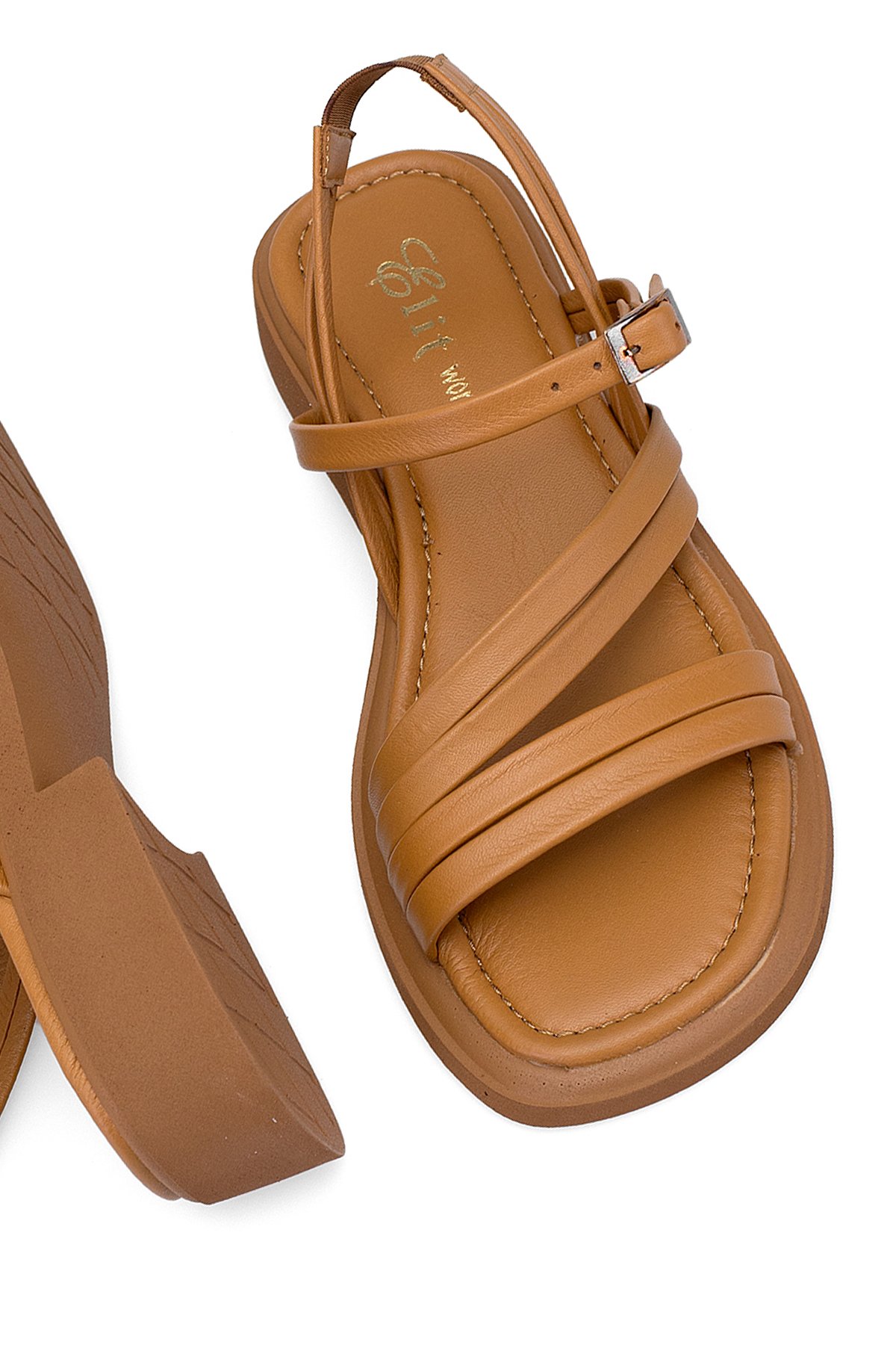 Elit Althea Kadın Hakiki Deri Ortopedik Düz Sandalet Taba - Görsel 6