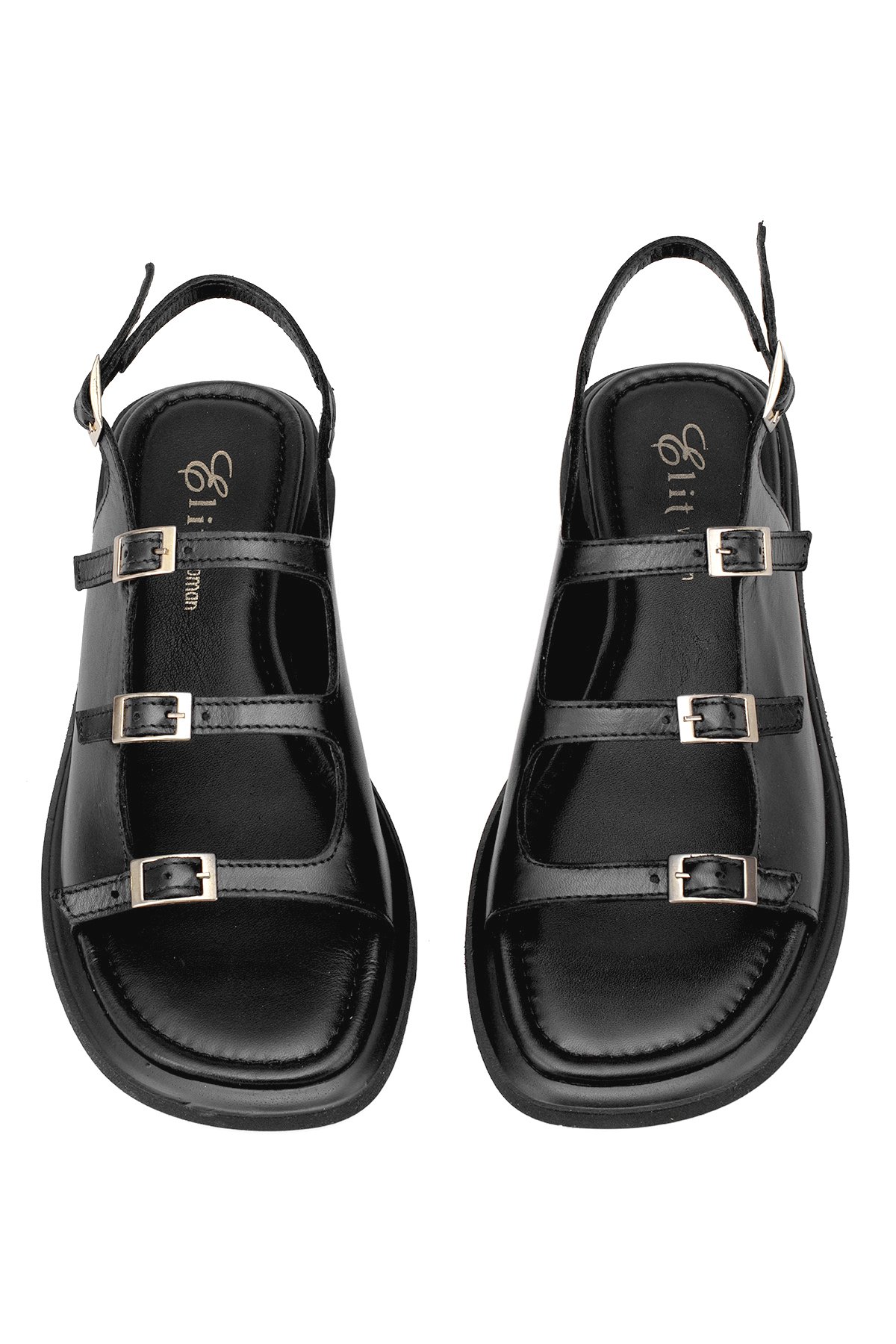 Elit Vivienne Kadın Hakiki Deri Ortopedik Düz Sandalet Siyah - Görsel 4