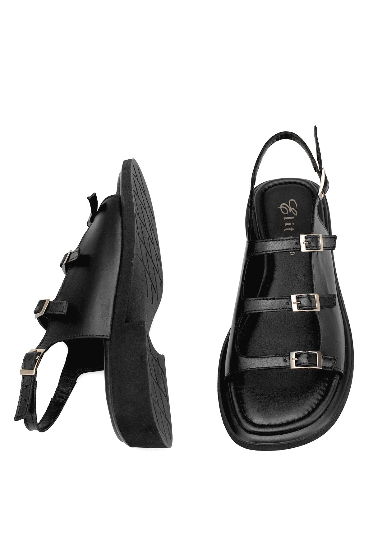 Elit Vivienne Kadın Hakiki Deri Ortopedik Düz Sandalet Siyah - Görsel 5