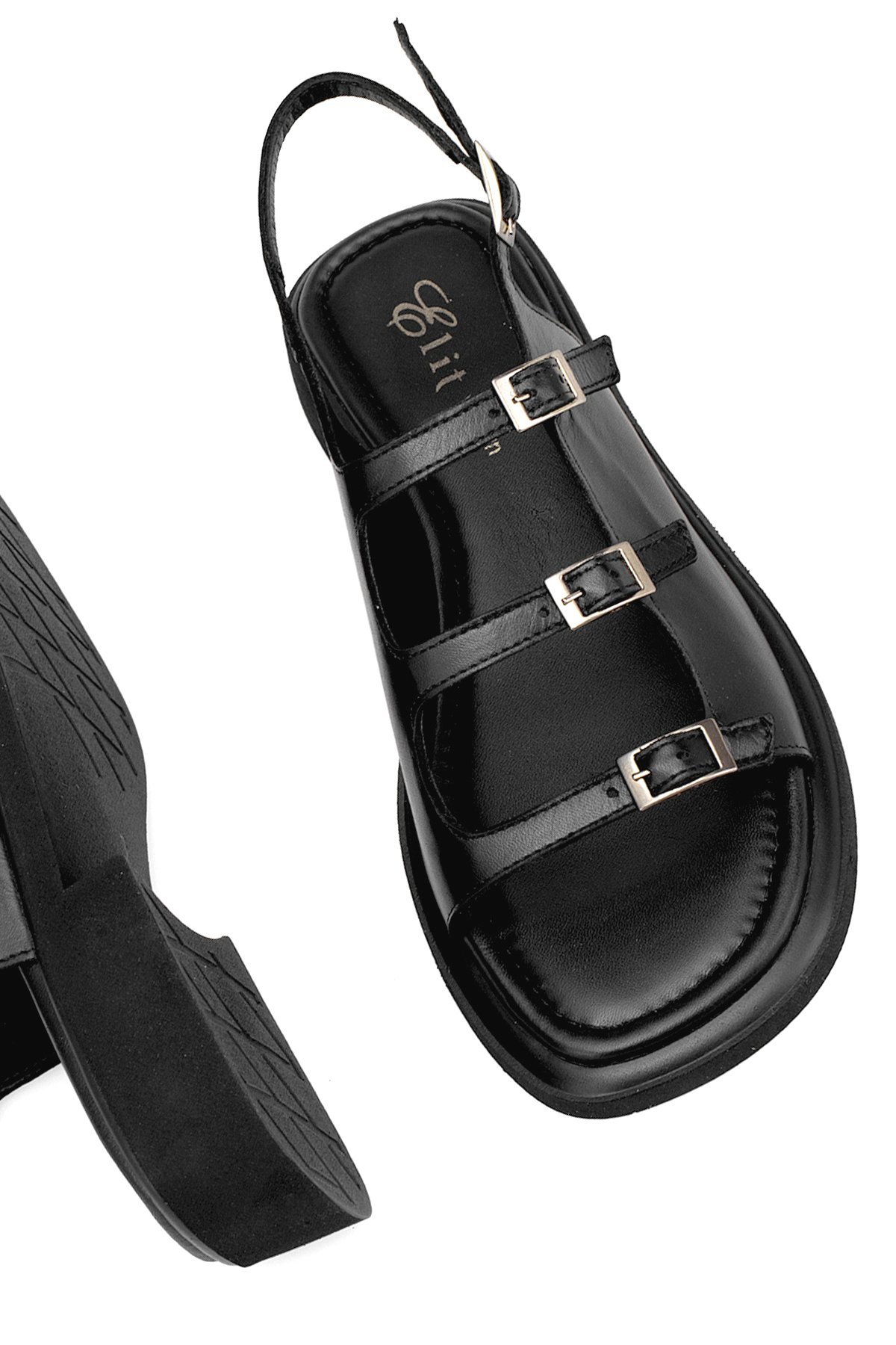 Elit Vivienne Kadın Hakiki Deri Ortopedik Düz Sandalet Siyah - Görsel 6