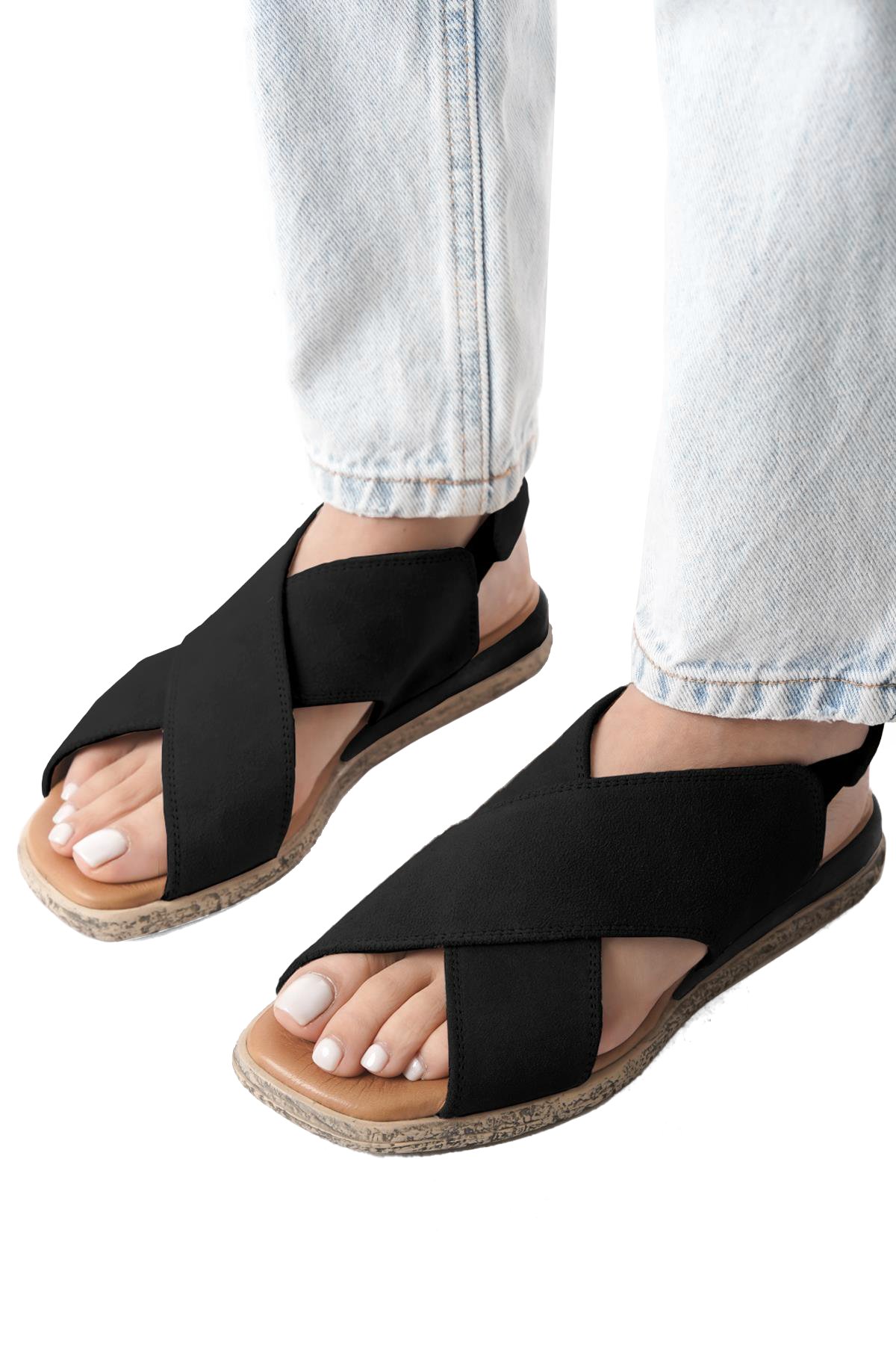 Elit Tera Kadın Hakiki Süet Deri Düz Sandalet Siyah - Görsel 2