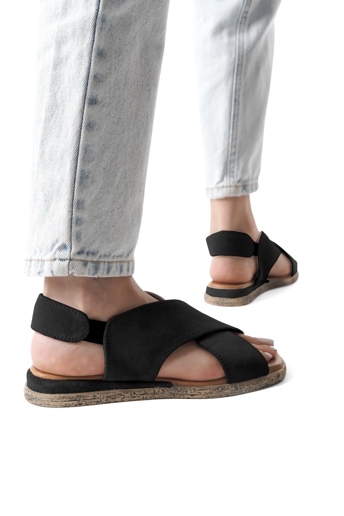 Elit Tera Kadın Hakiki Süet Deri Düz Sandalet Siyah - Görsel 3