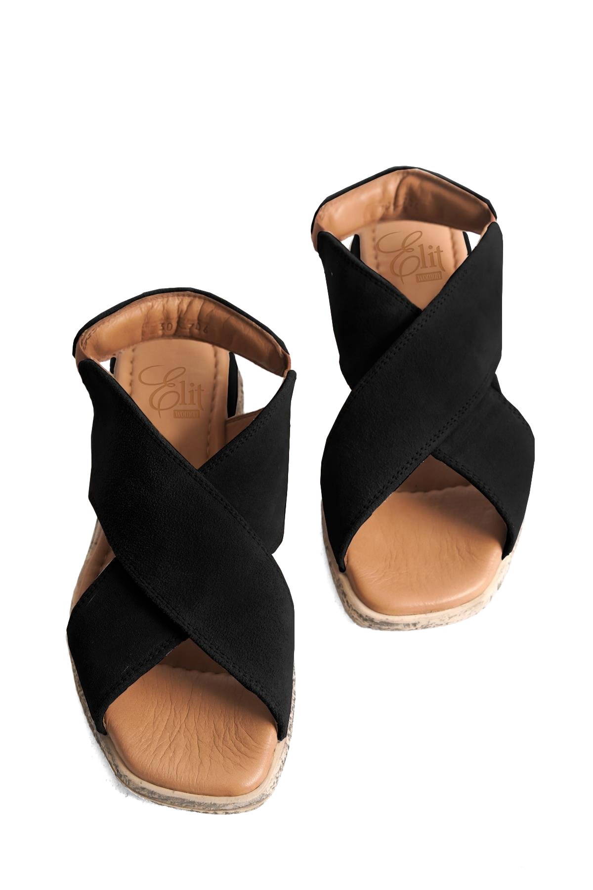 Elit Tera Kadın Hakiki Süet Deri Düz Sandalet Siyah - Görsel 4