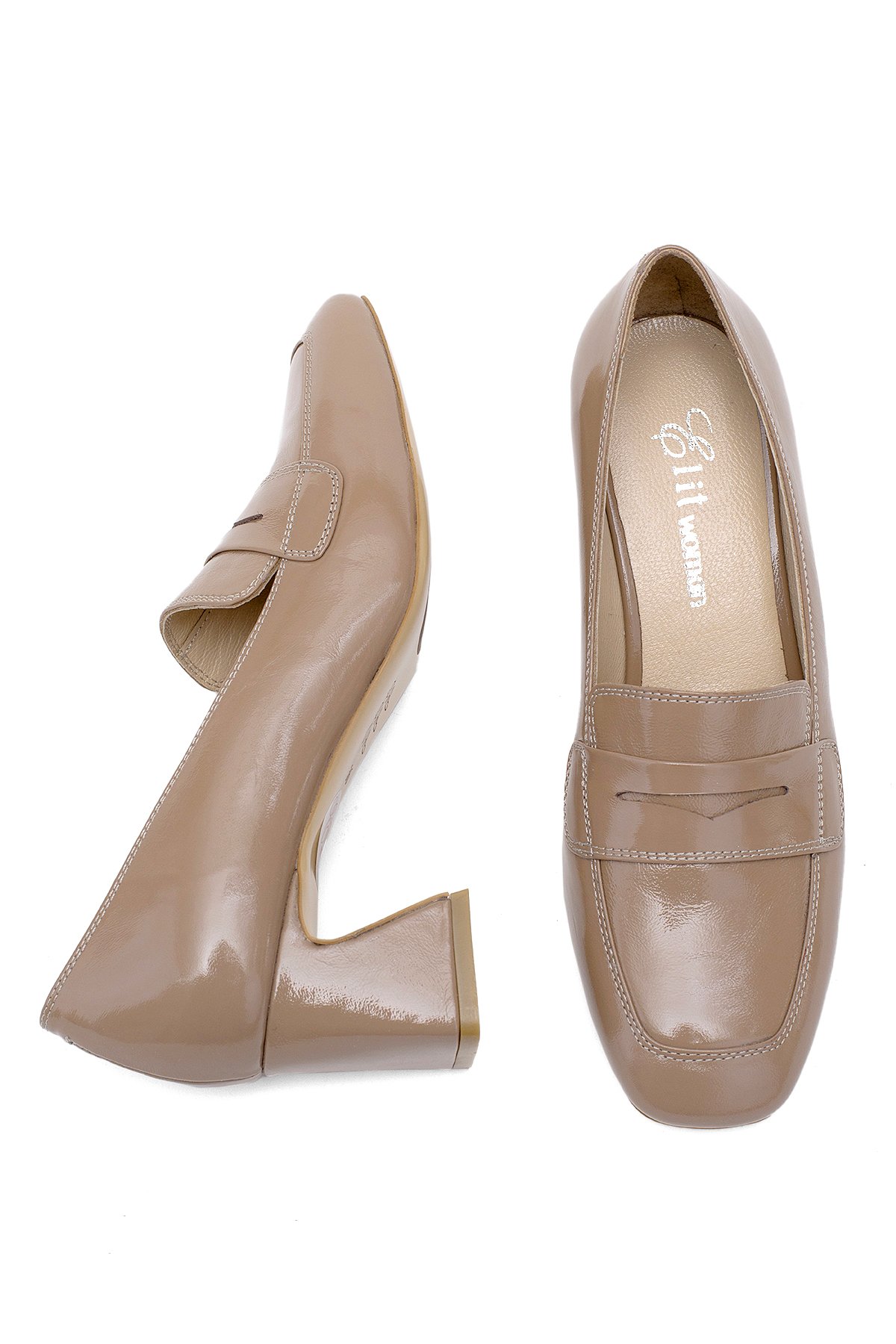 Elit Mireya Kadın Hakiki Rugan Deri Klasik Topuklu Ayakkabı Vizon - Görsel 5