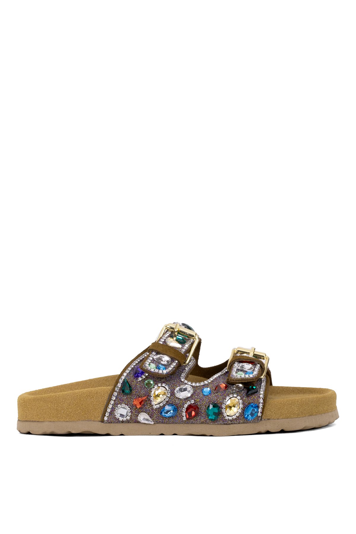 Elit Myra Kadın Hakiki Nubuk Deri Ortopedik Taşlı Düz Terlik Taba - Görsel 2