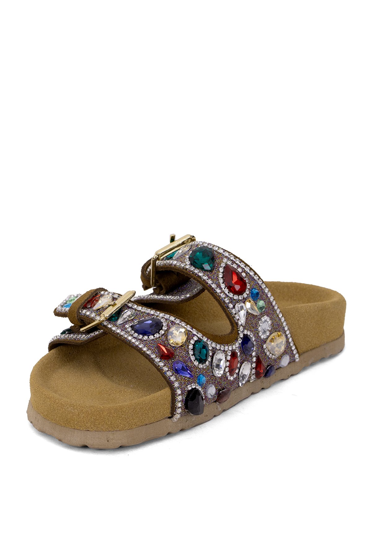 Elit Myra Kadın Hakiki Nubuk Deri Ortopedik Taşlı Düz Terlik Taba - Görsel 5