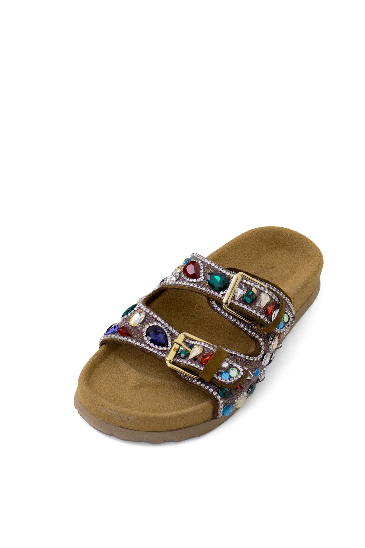 Elit Myra Kadın Hakiki Nubuk Deri Ortopedik Taşlı Düz Terlik Taba - Görsel 6