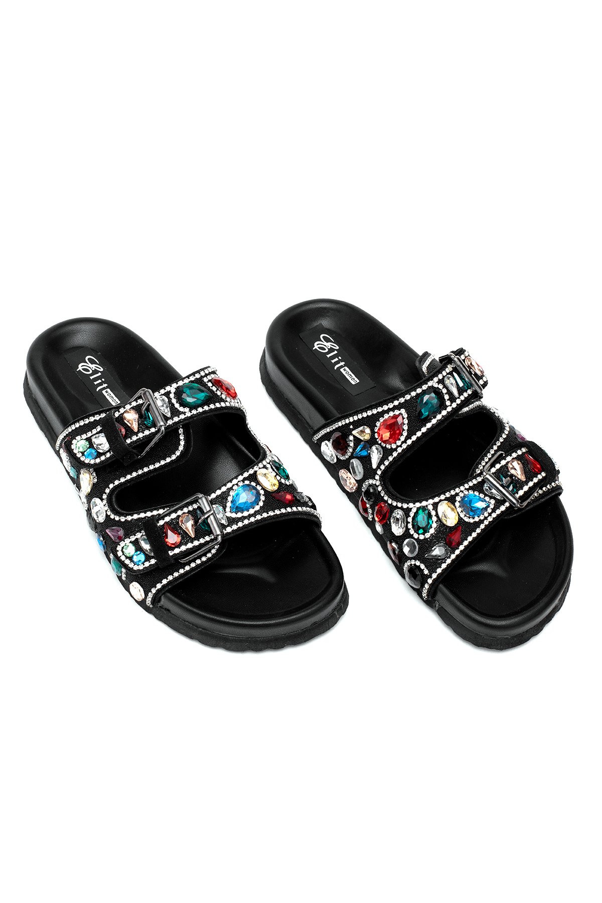 Elit Myra Kadın Hakiki Nubuk Deri Ortopedik Taşlı Düz Terlik Siyah - Görsel 3