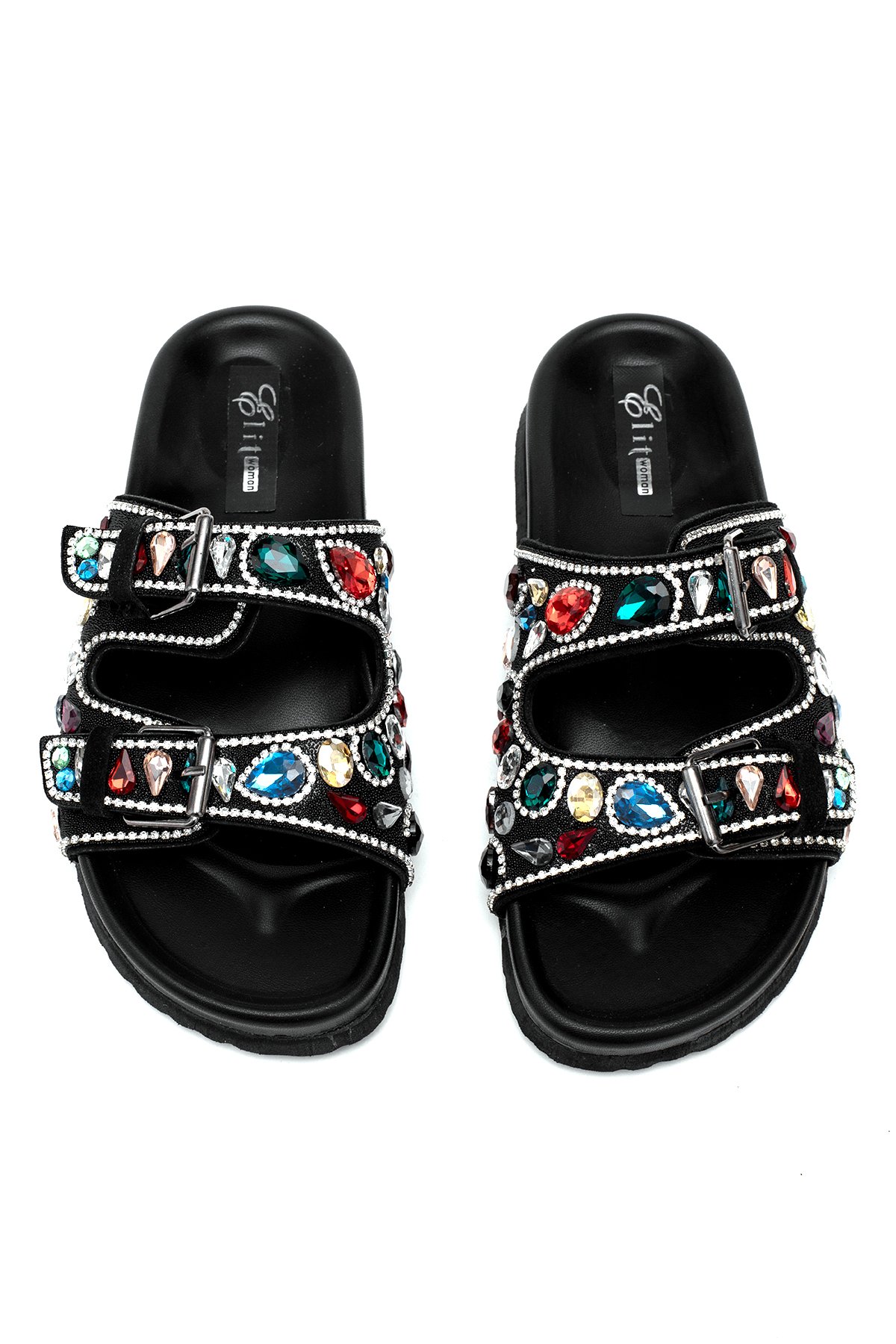 Elit Myra Kadın Hakiki Nubuk Deri Ortopedik Taşlı Düz Terlik Siyah - Görsel 4