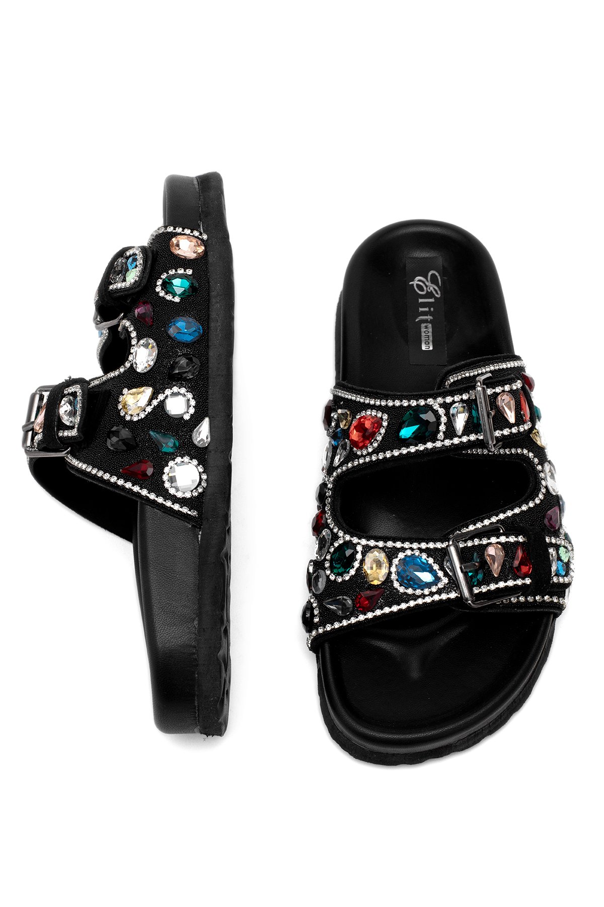 Elit Myra Kadın Hakiki Nubuk Deri Ortopedik Taşlı Düz Terlik Siyah - Görsel 5