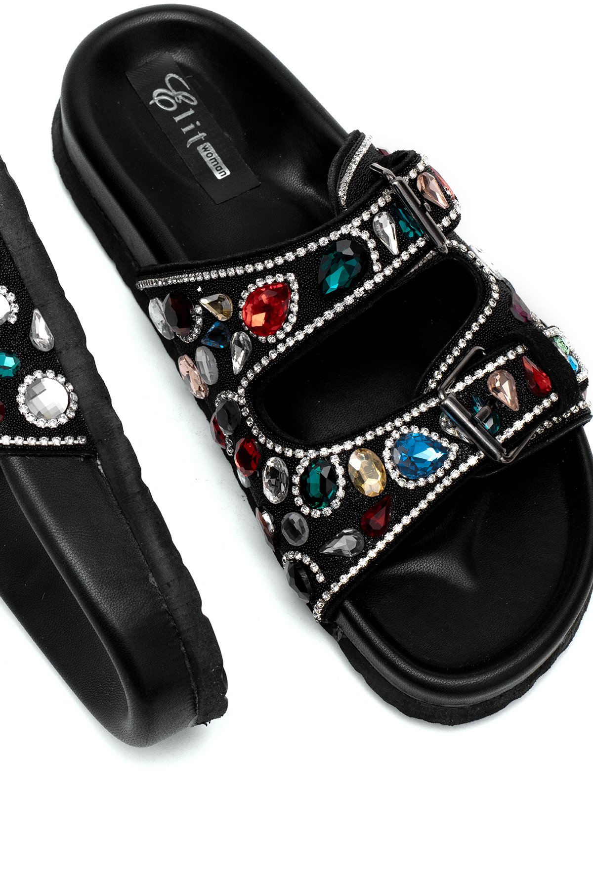 Elit Myra Kadın Hakiki Nubuk Deri Ortopedik Taşlı Düz Terlik Siyah - Görsel 6