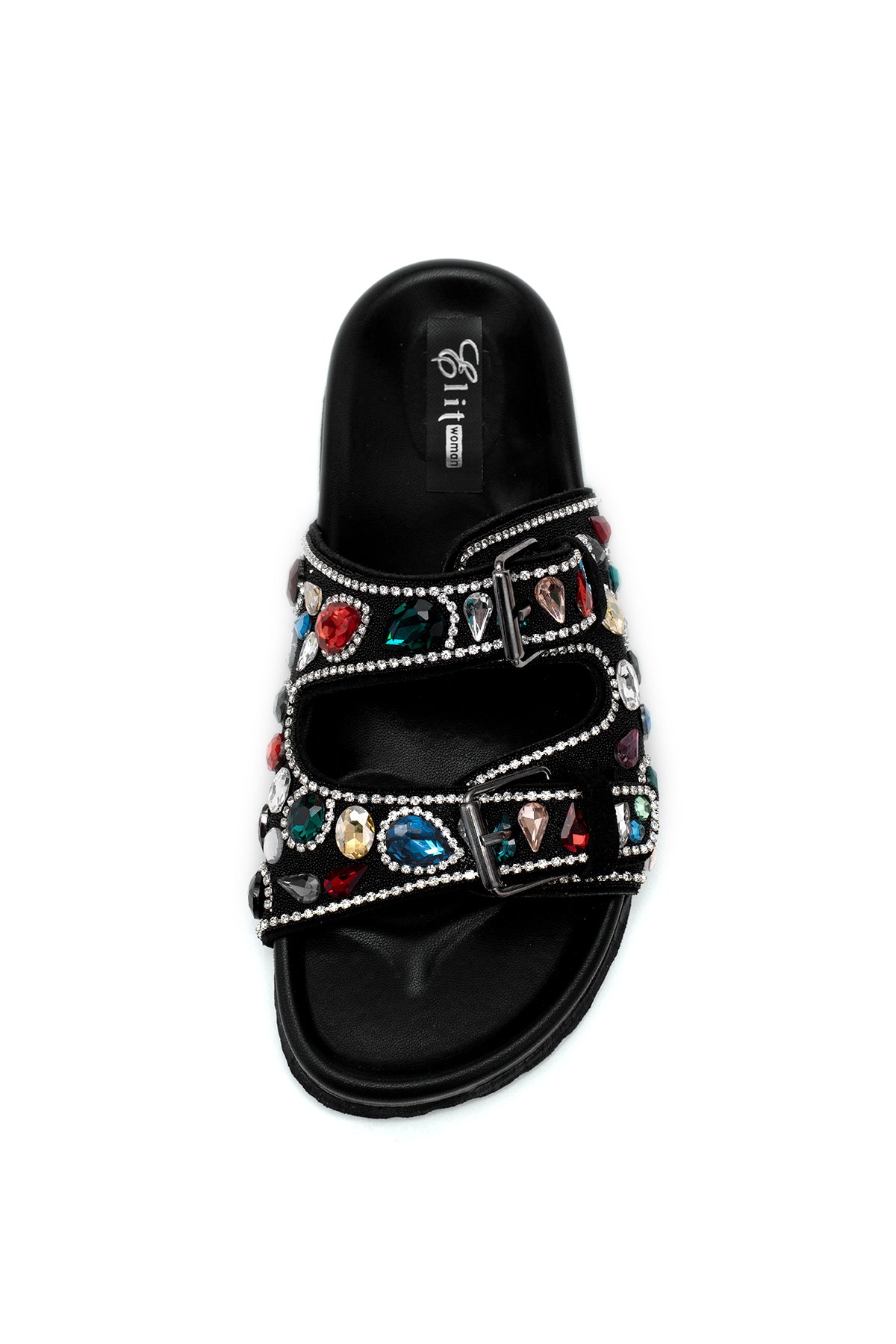 Elit Myra Kadın Hakiki Nubuk Deri Ortopedik Taşlı Düz Terlik Siyah - Görsel 7