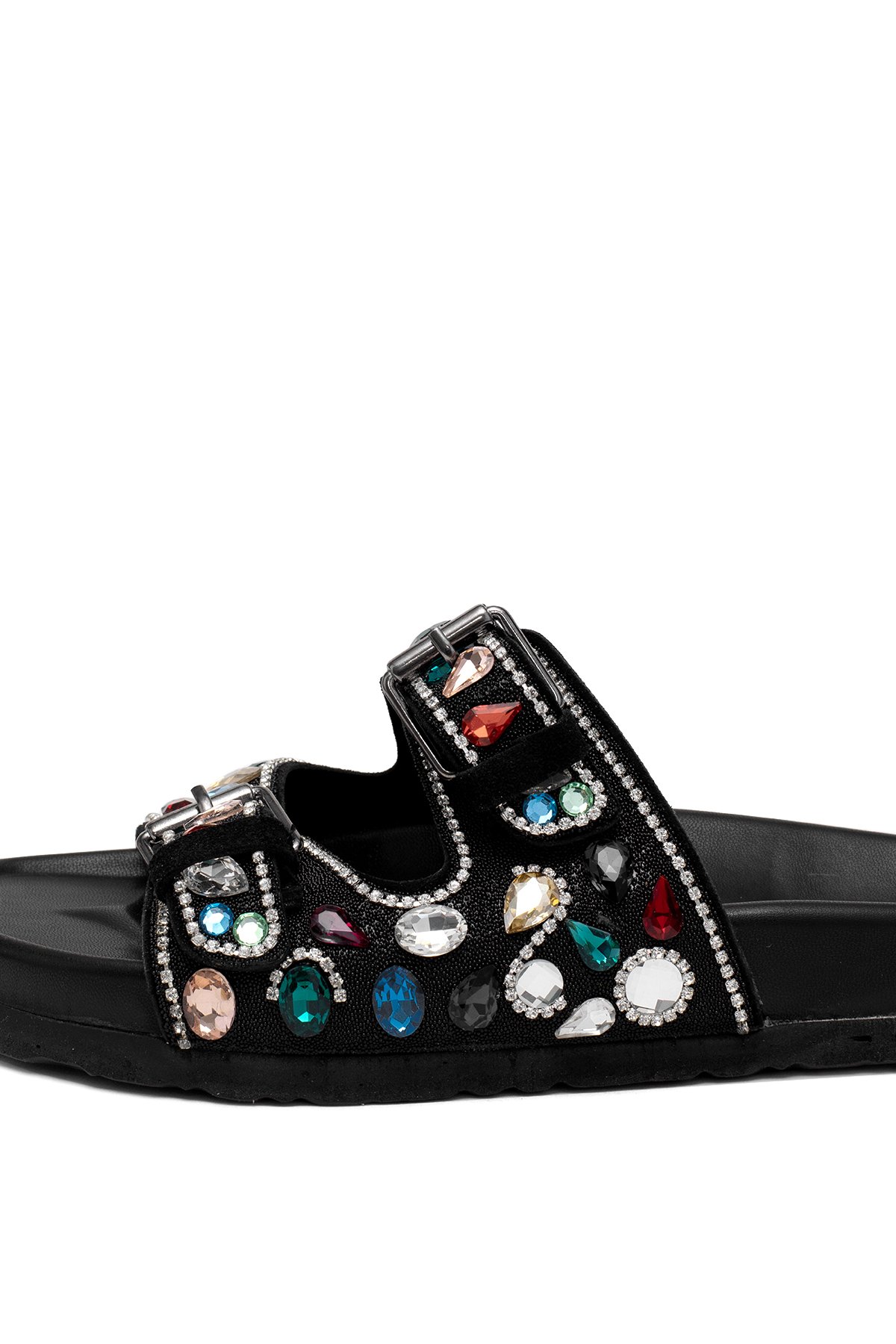 Elit Myra Kadın Hakiki Nubuk Deri Ortopedik Taşlı Düz Terlik Siyah - Görsel 8