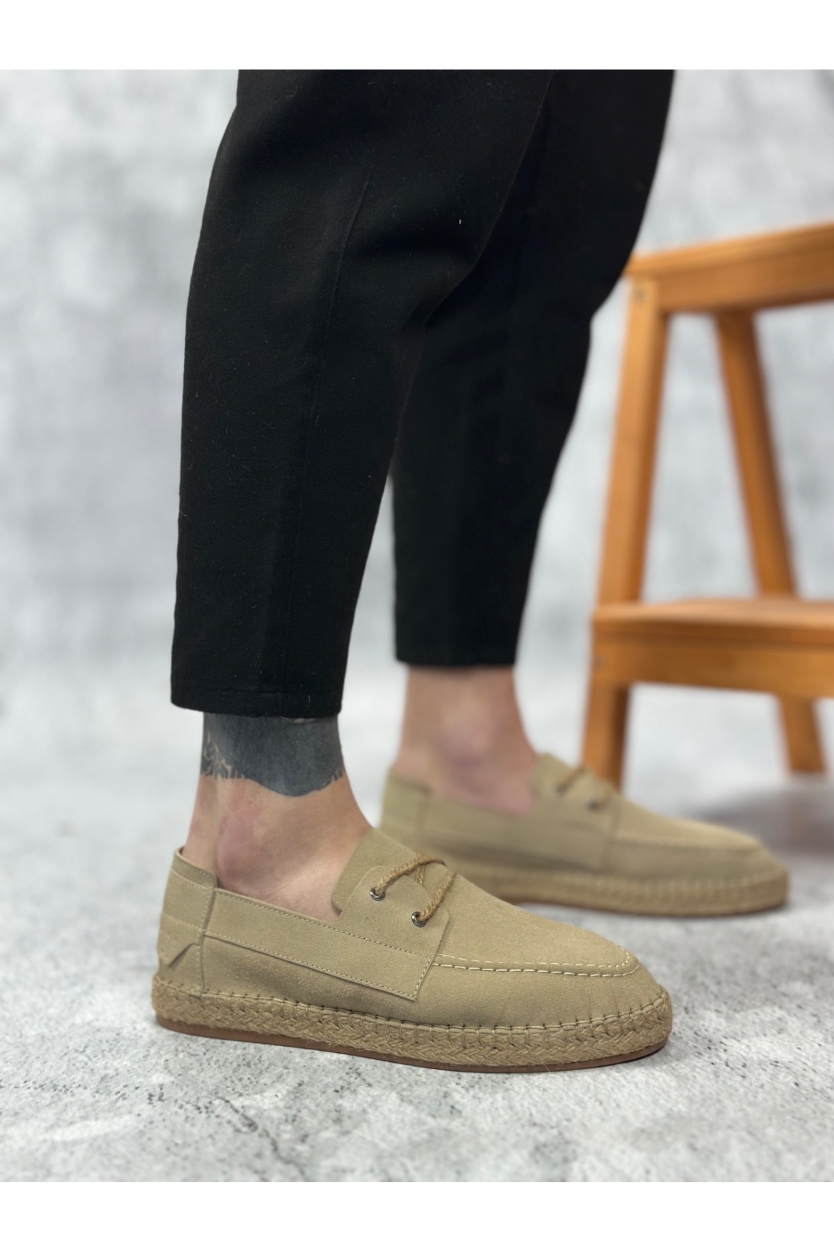 Bağcık Detaylı Doğal Deri Tozu Kauçuk El Yapımı Espadril Erkek Ayakkabı BEJ - Görsel 2