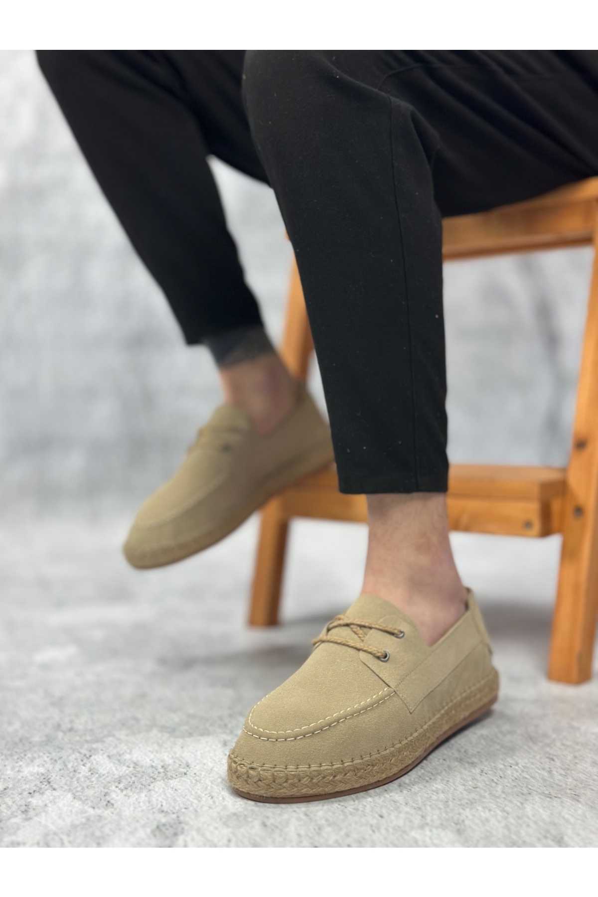 Bağcık Detaylı Doğal Deri Tozu Kauçuk El Yapımı Espadril Erkek Ayakkabı BEJ - Görsel 3