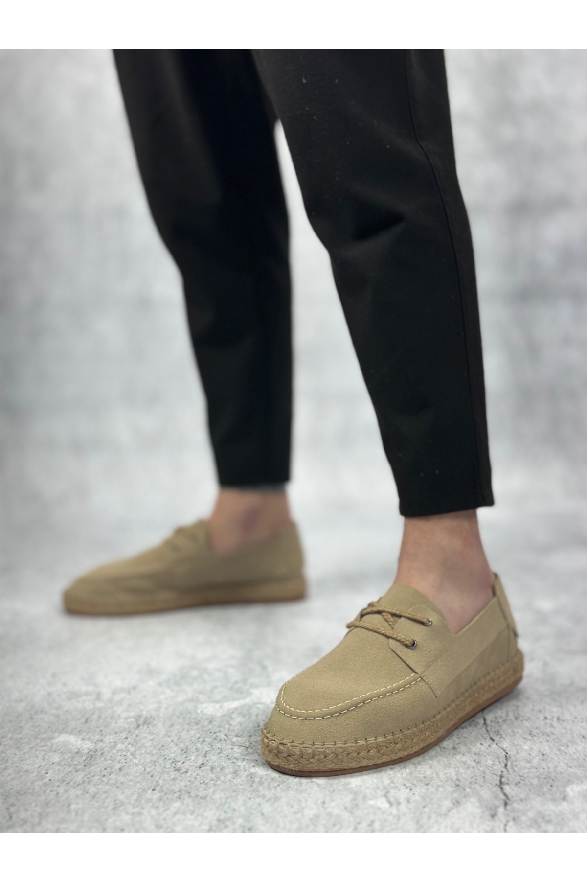 Bağcık Detaylı Doğal Deri Tozu Kauçuk El Yapımı Espadril Erkek Ayakkabı BEJ - Görsel 4