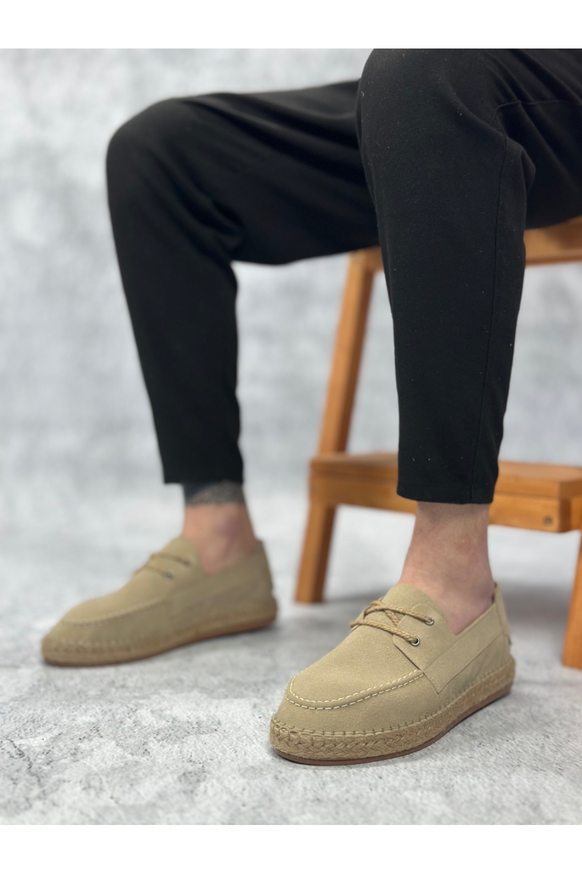 Bağcık Detaylı Doğal Deri Tozu Kauçuk El Yapımı Espadril Erkek Ayakkabı BEJ - Görsel 5