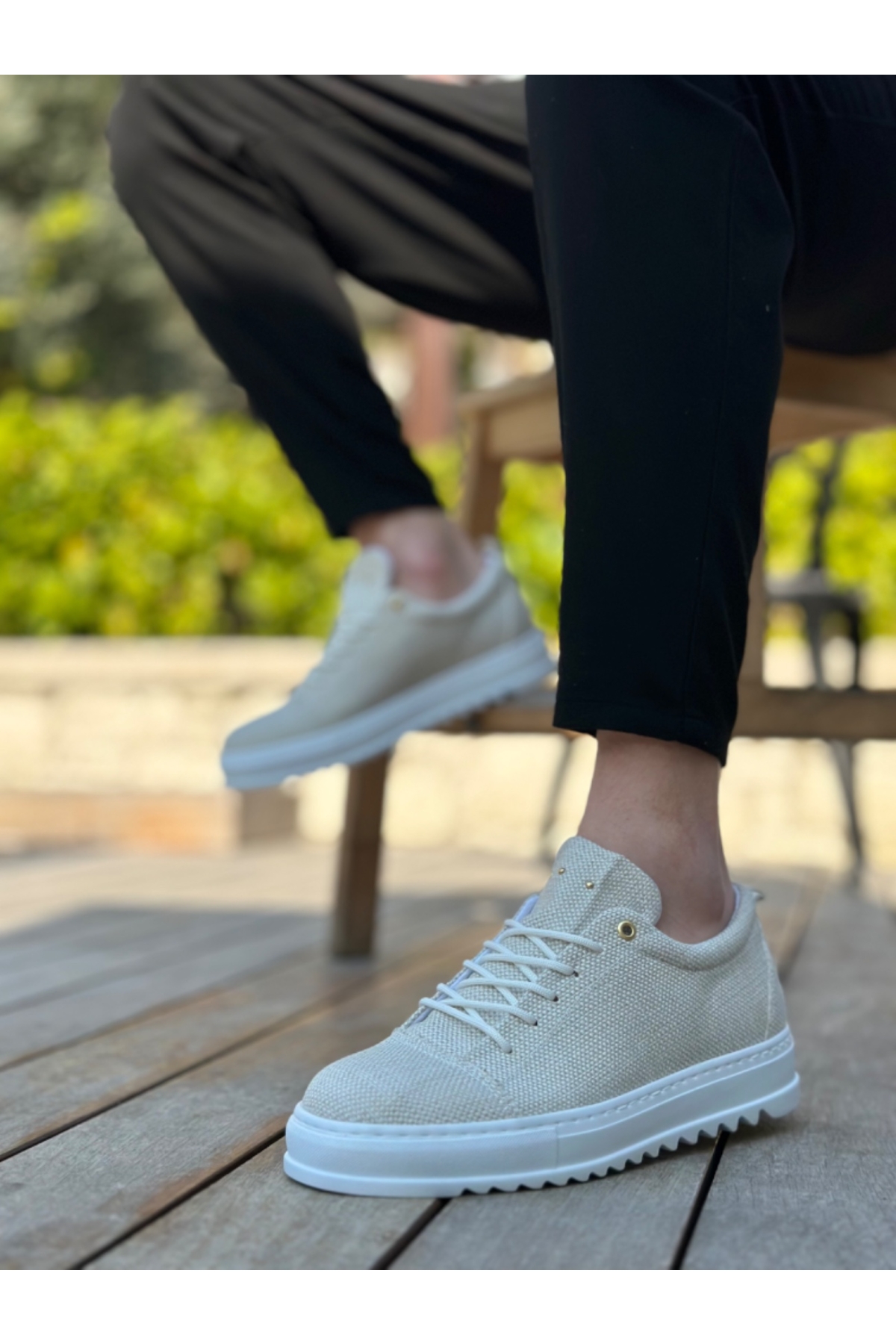 Bağcıklı Keten Erkek Ayakkabı KREM (BEYAZ TABAN) - Görsel 3